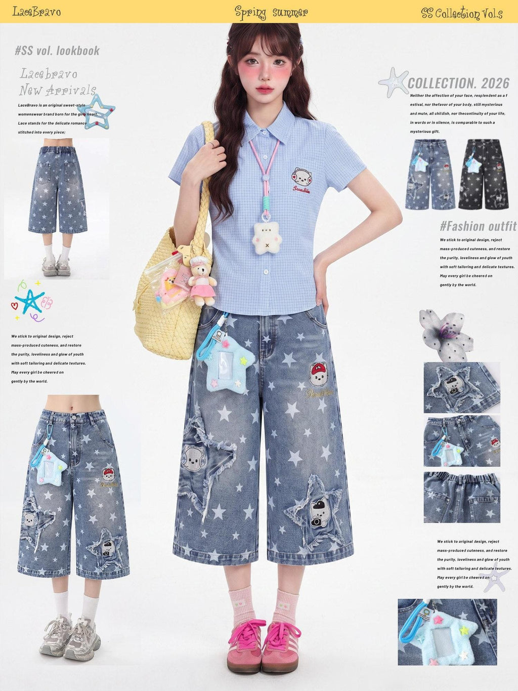 LaceBravo American Star Print Relaxed Slimming Wide Leg Women's Denim Cropped Jeans