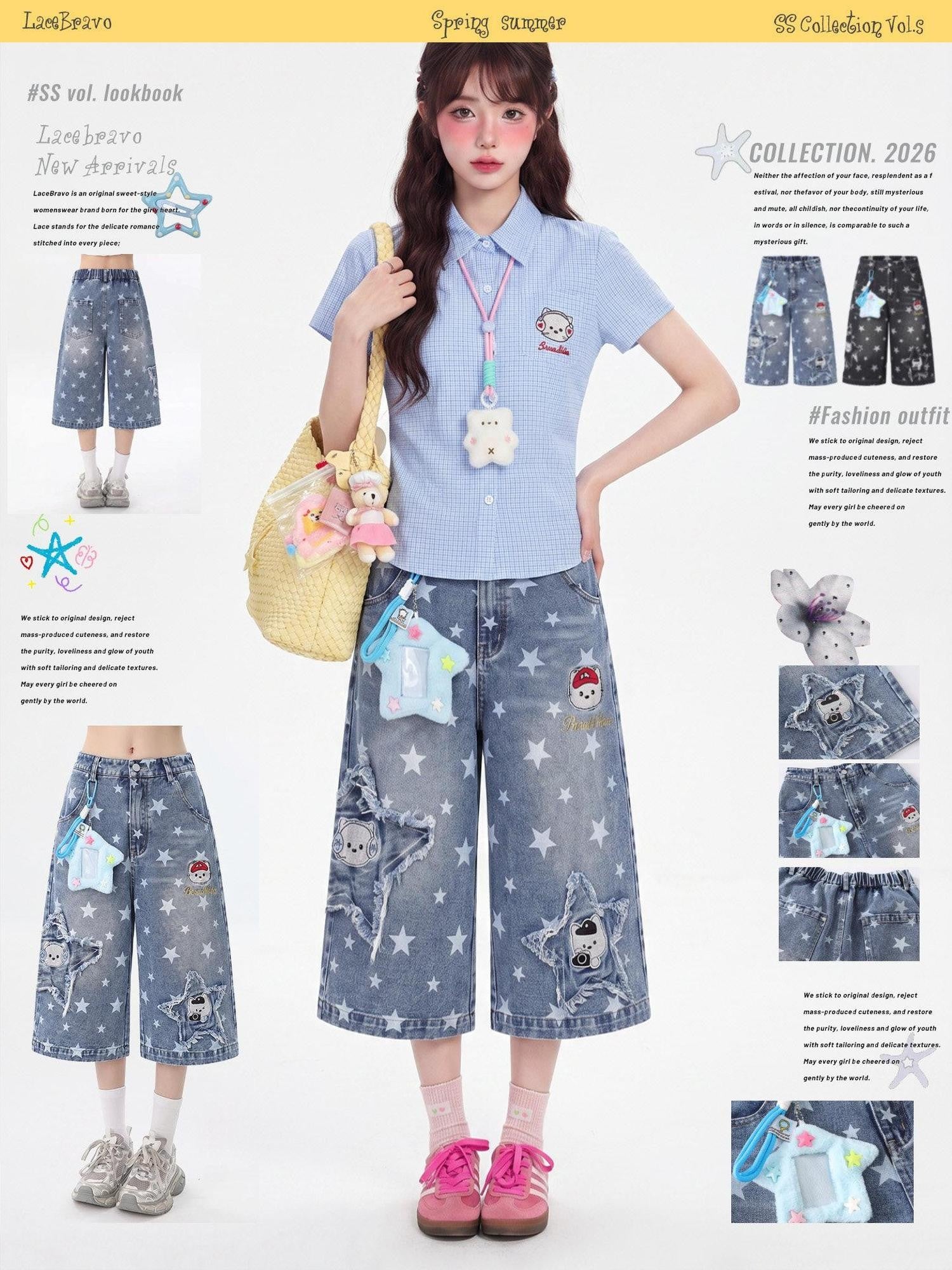 LaceBravo American Star Print Relaxed Slimming Wide Leg Women's Denim Cropped Jeans