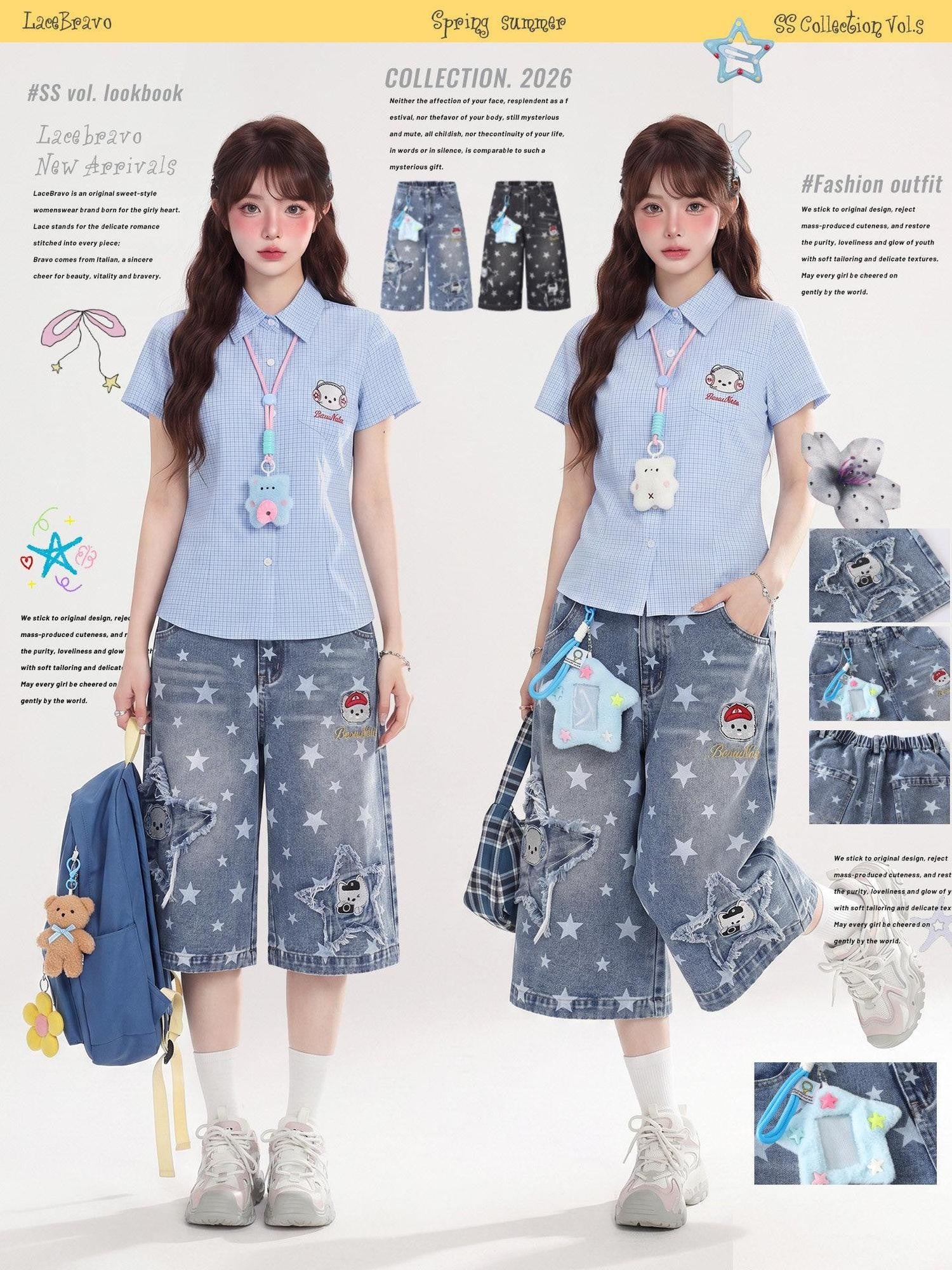 LaceBravo American Star Print Relaxed Slimming Wide Leg Women's Denim Cropped Jeans