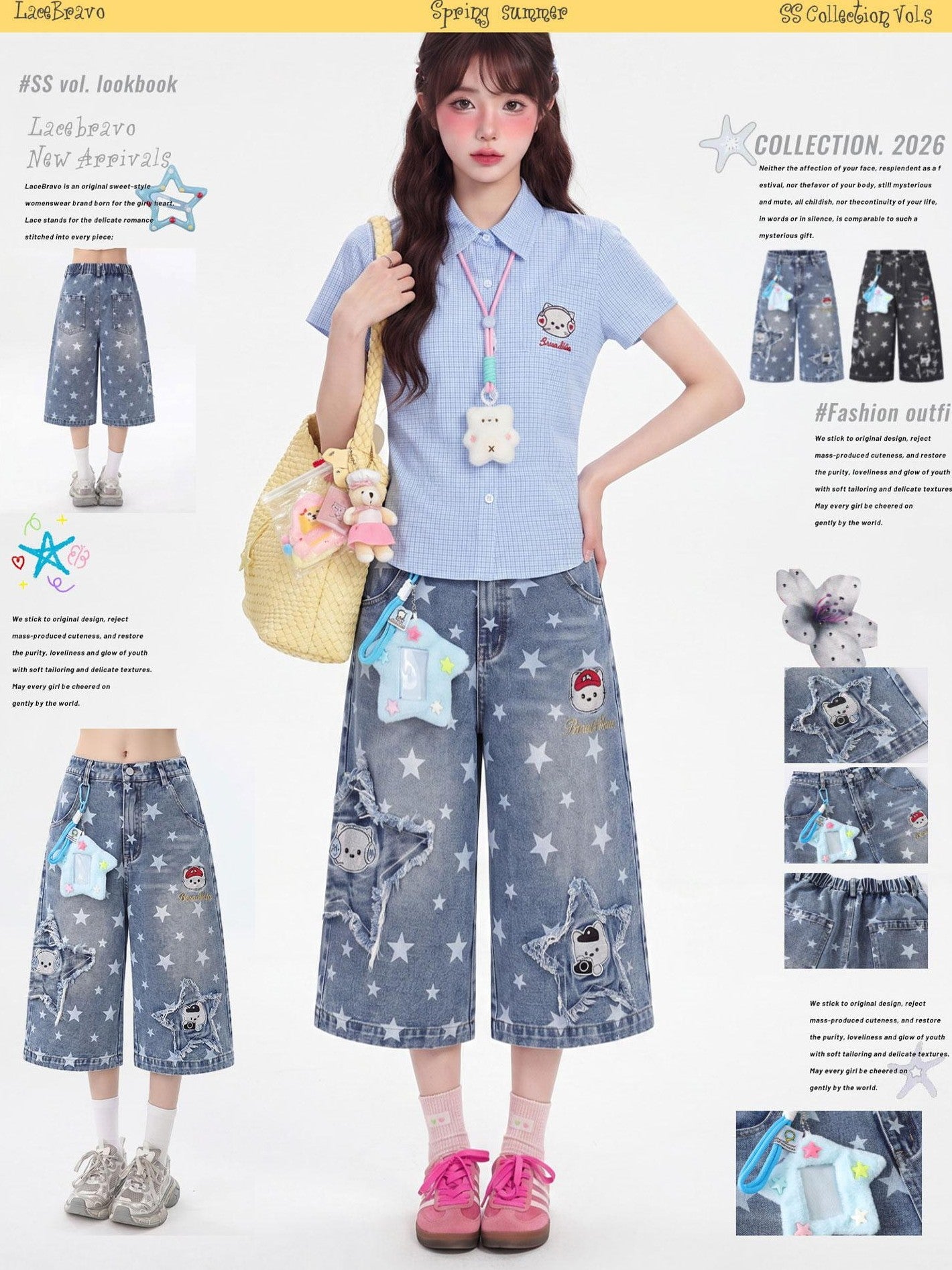 LaceBravo American Star Print Relaxed Slimming Wide Leg Women's Denim Cropped Jeans