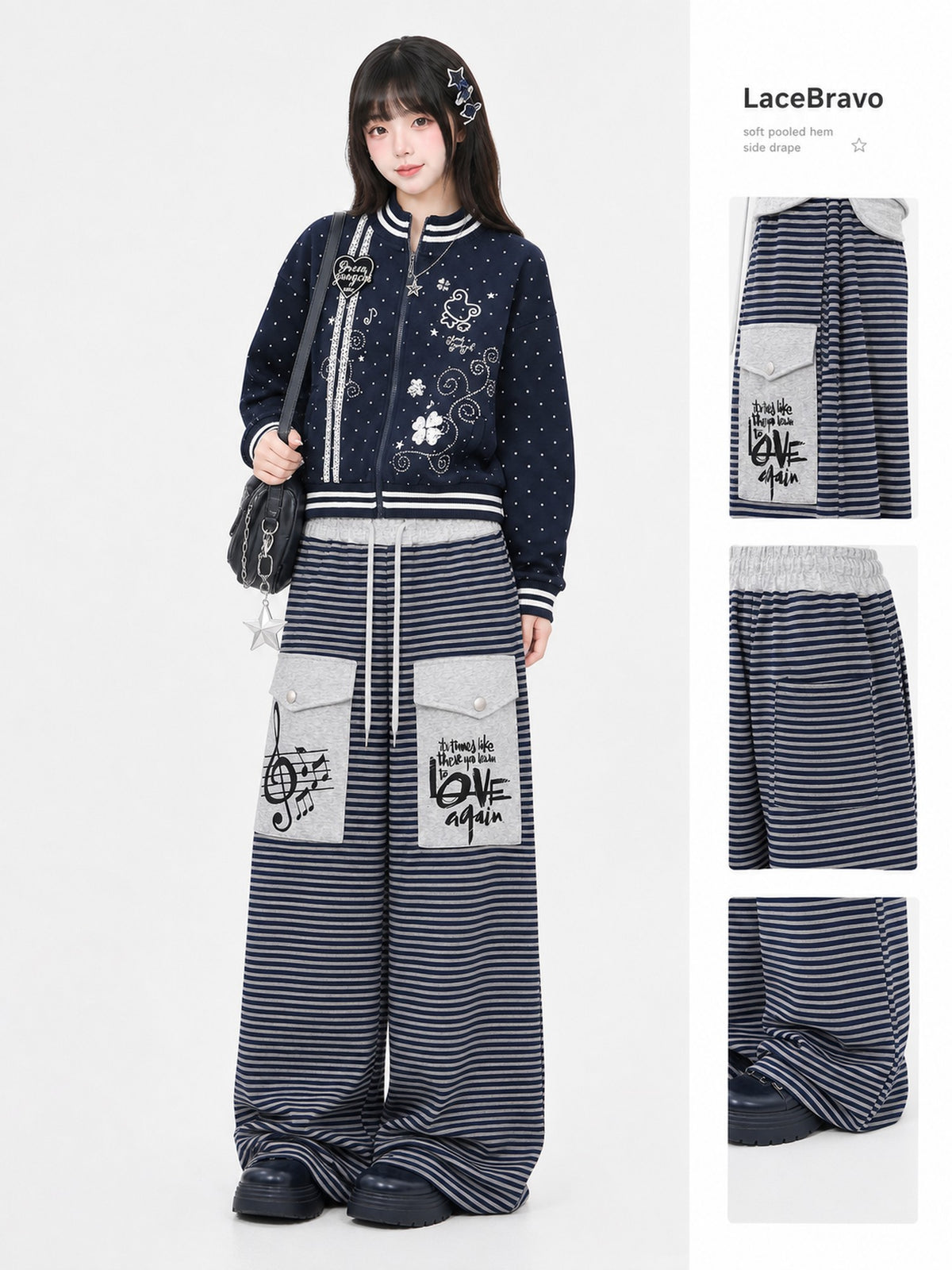LaceBravo American Striped Print Pocket Wide Leg Women's Polyester Sweatpants