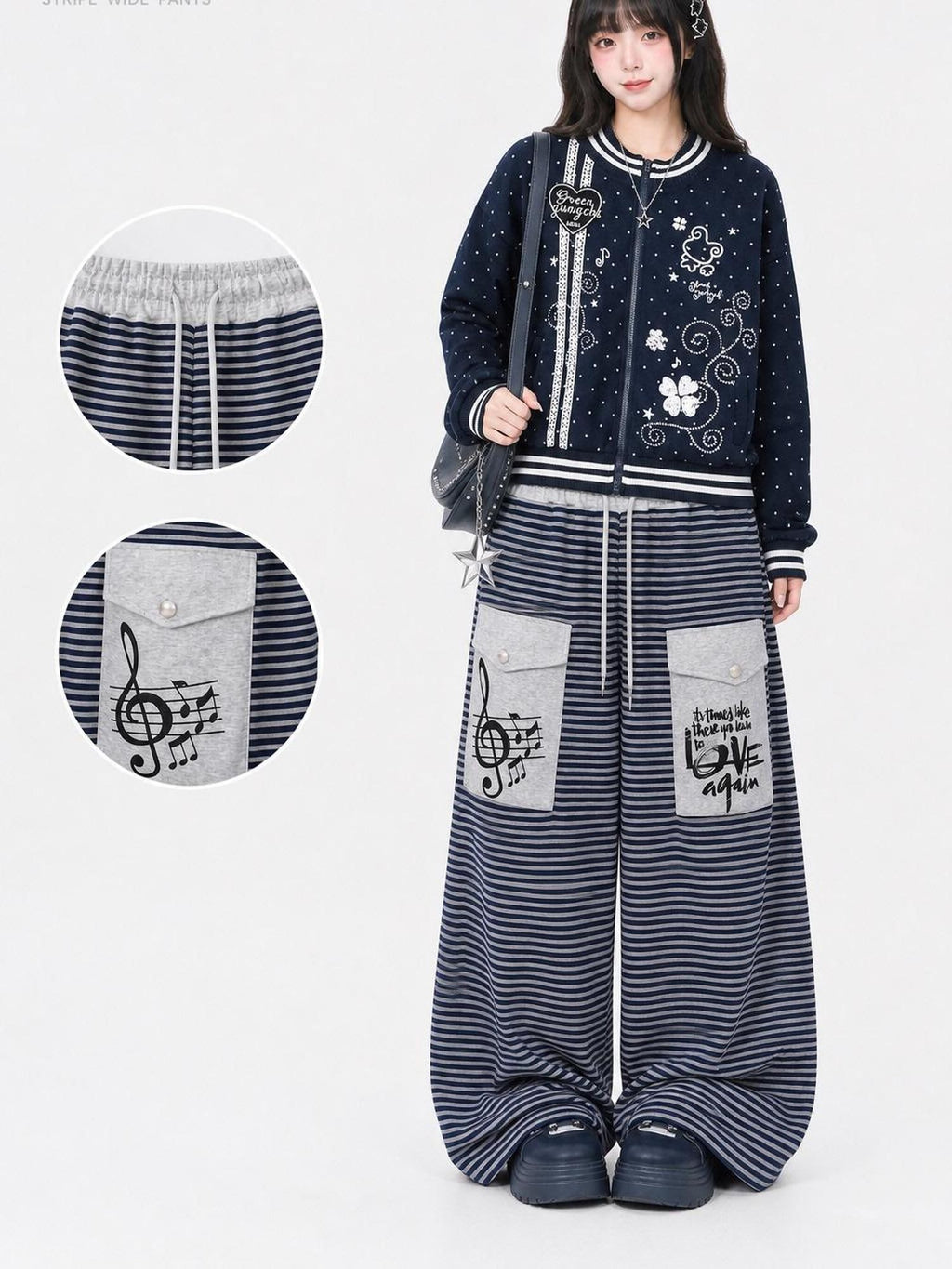 LaceBravo American Striped Print Pocket Wide Leg Women's Polyester Sweatpants