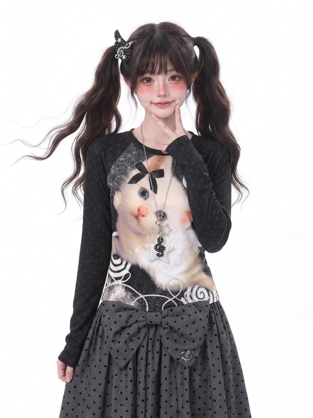 LaceBravo American Vintage Raglan Cat Print Women's Lightweight Long Sleeve T-shirts