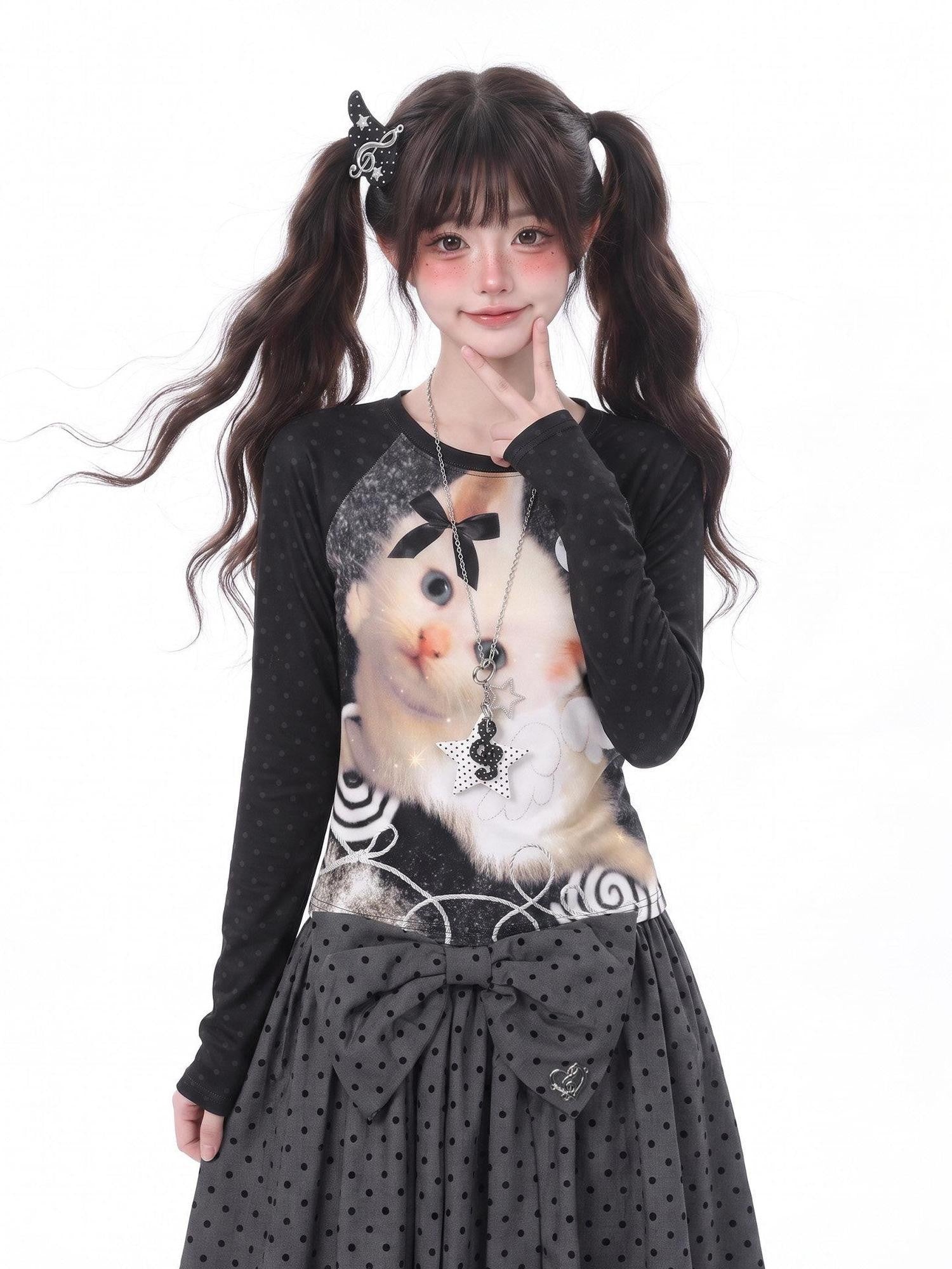 LaceBravo American Vintage Raglan Cat Print Women's Lightweight Long Sleeve T-shirts