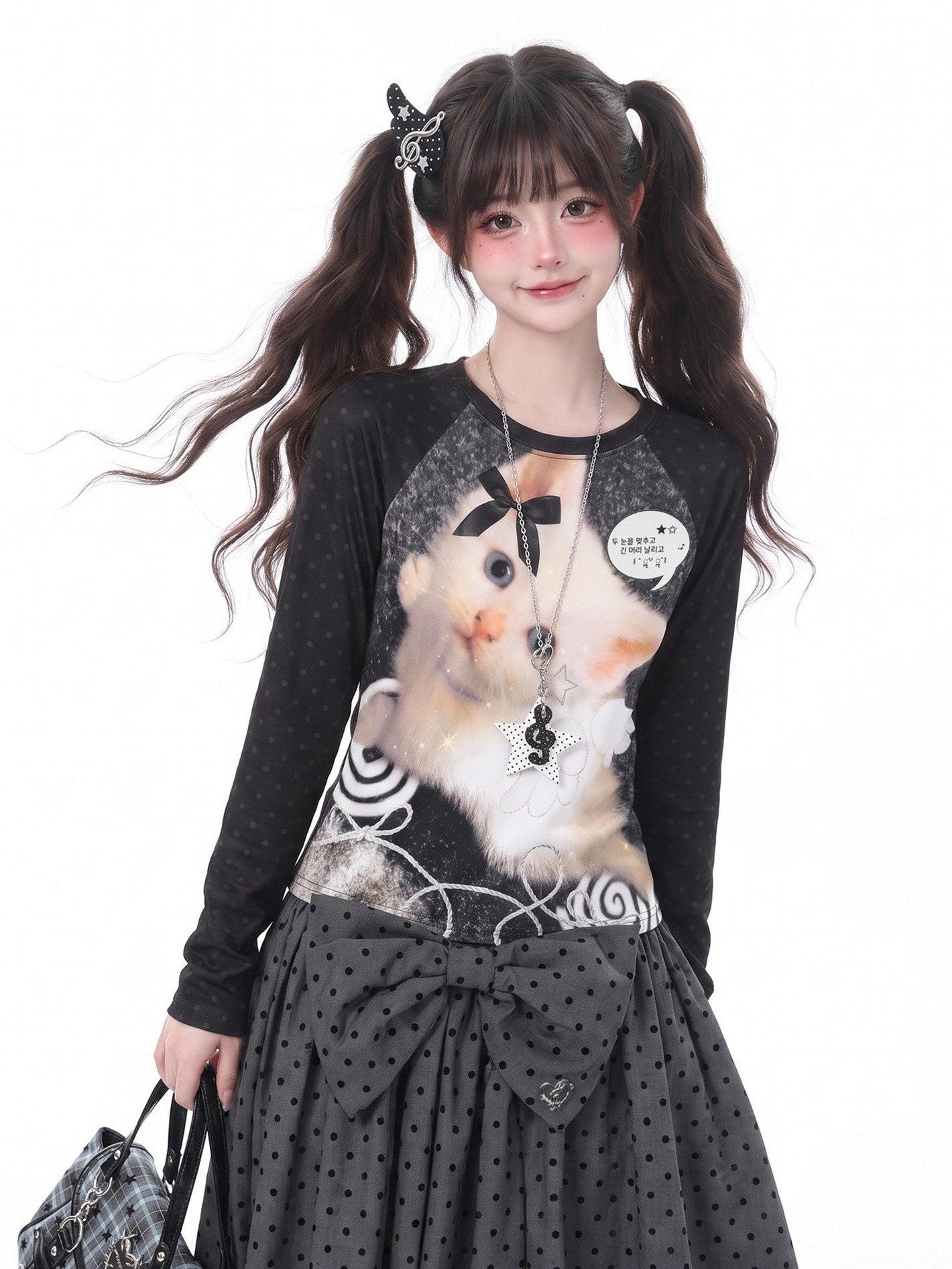 LaceBravo American Vintage Raglan Cat Print Women's Lightweight Long Sleeve T-shirts