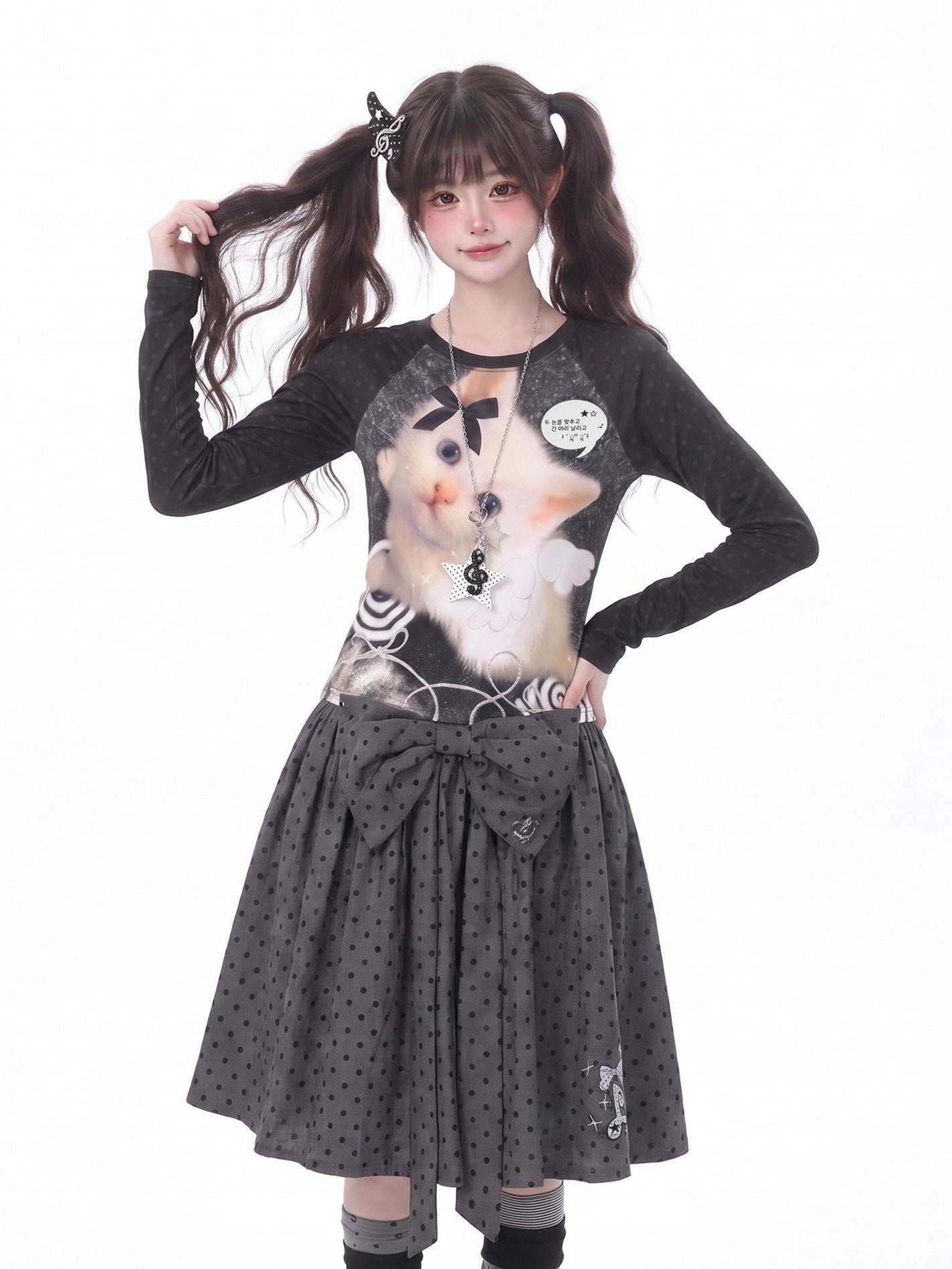 LaceBravo American Vintage Raglan Cat Print Women's Lightweight Long Sleeve T-shirts