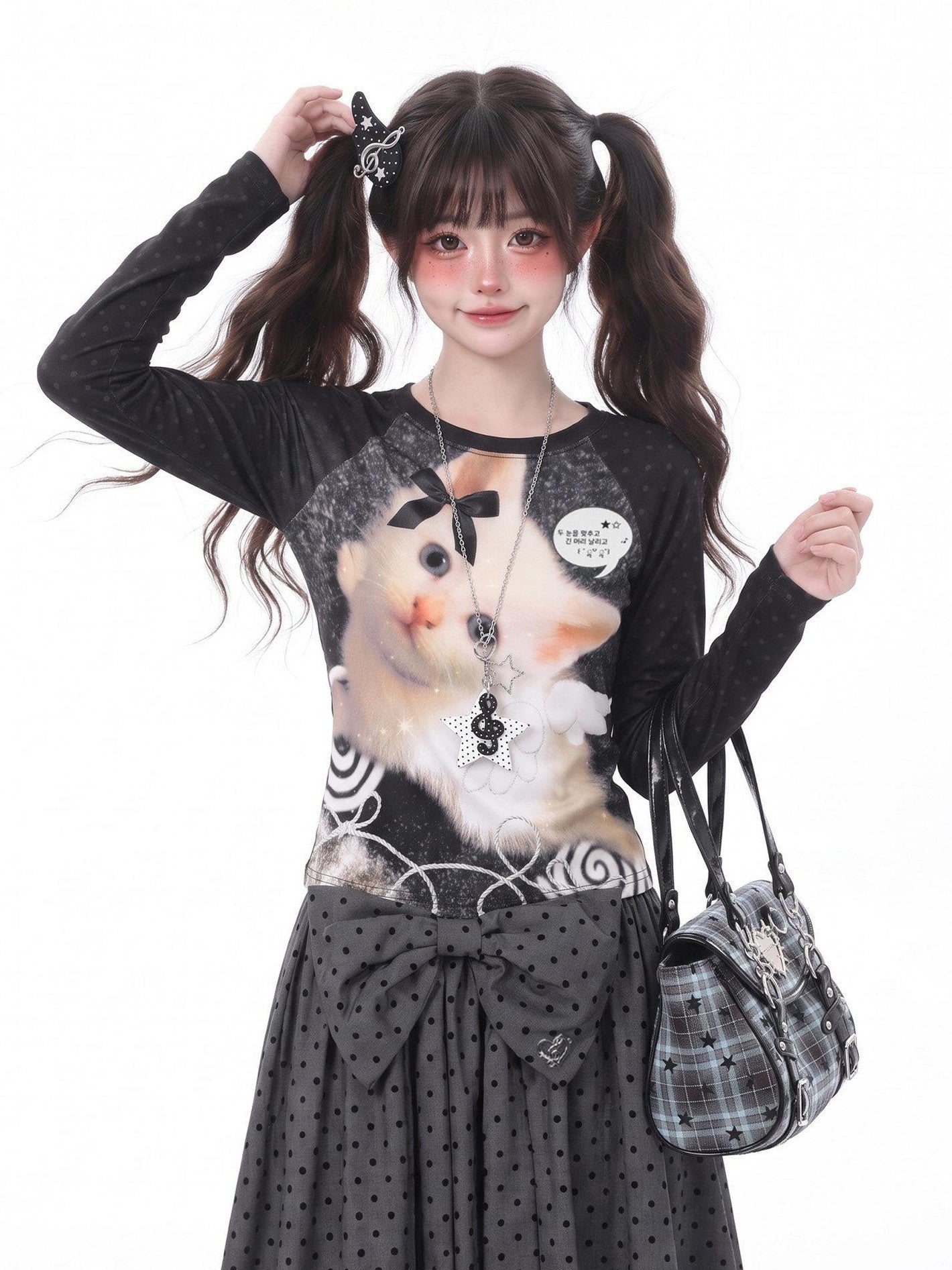 LaceBravo American Vintage Raglan Cat Print Women's Lightweight Long Sleeve T-shirts