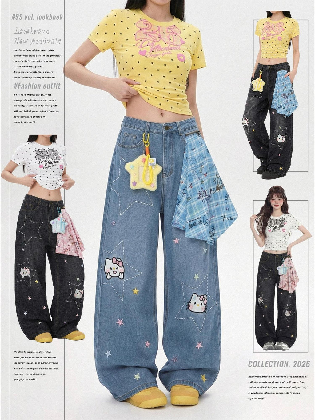 LaceBravo Americana Star And Kitten Embroidery Bandana Women's Denim Wide-leg Jeans