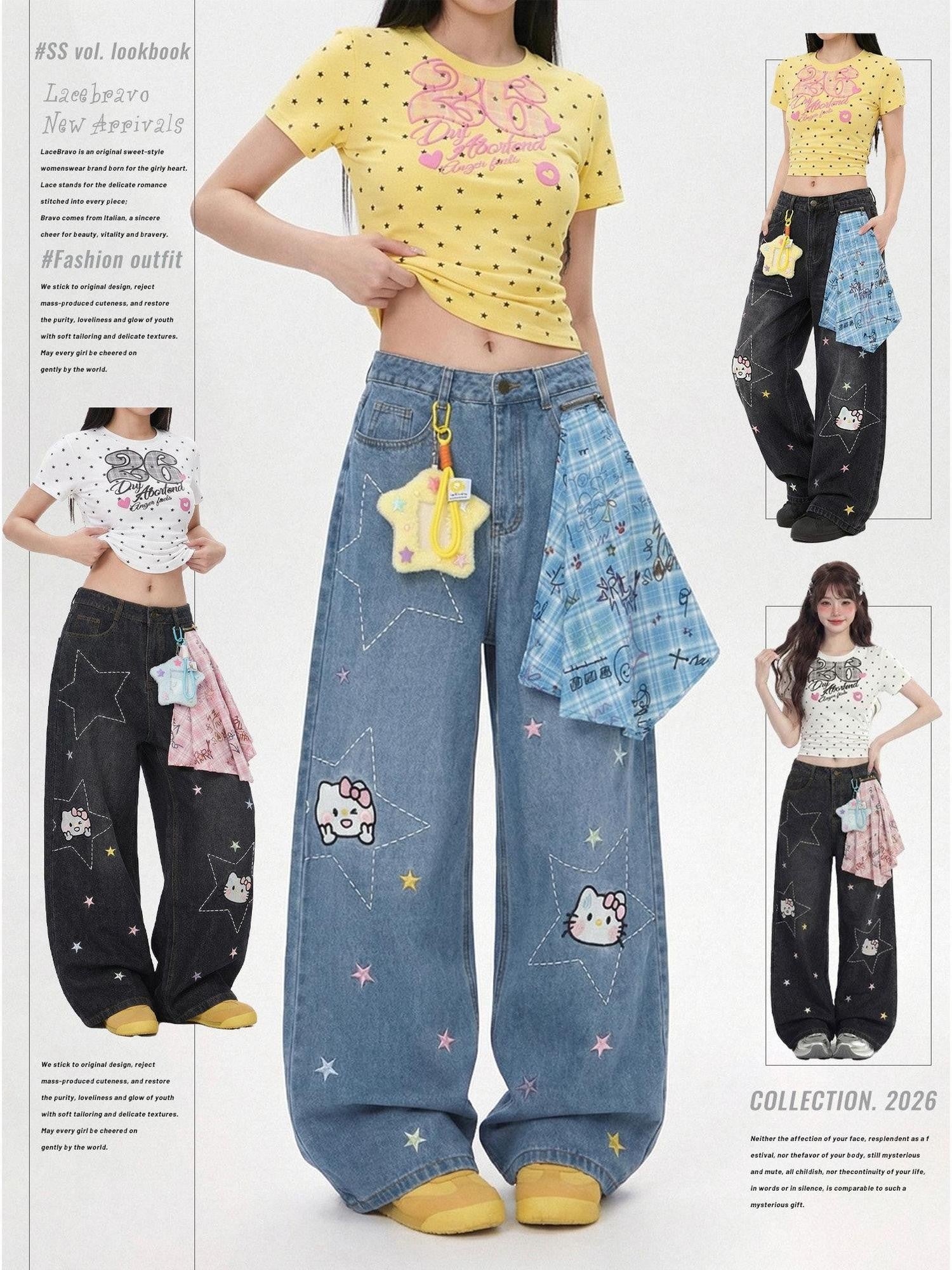LaceBravo Americana Star And Kitten Embroidery Bandana Women's Denim Wide-leg Jeans