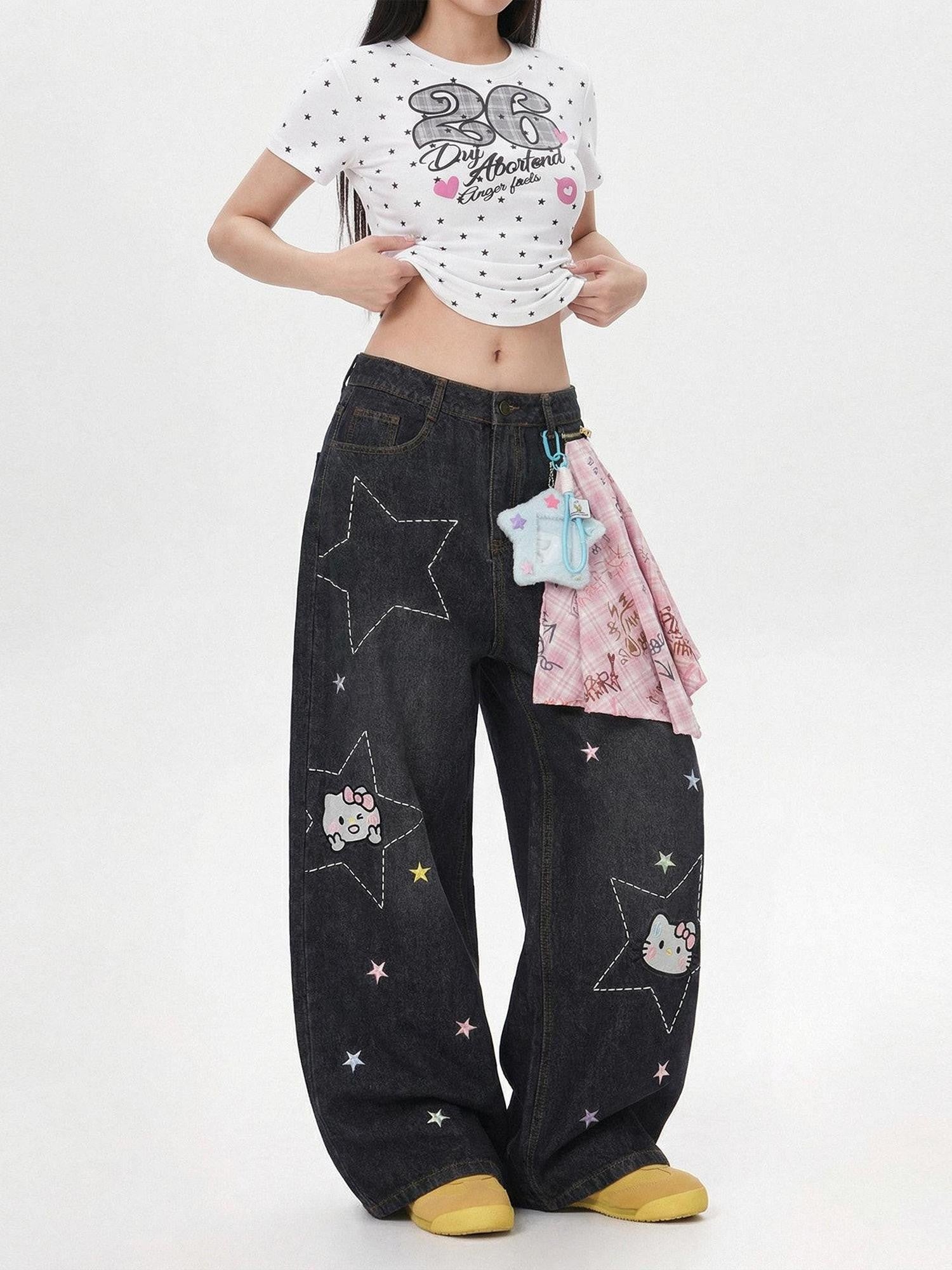 LaceBravo Americana Star And Kitten Embroidery Bandana Women's Denim Wide-leg Jeans