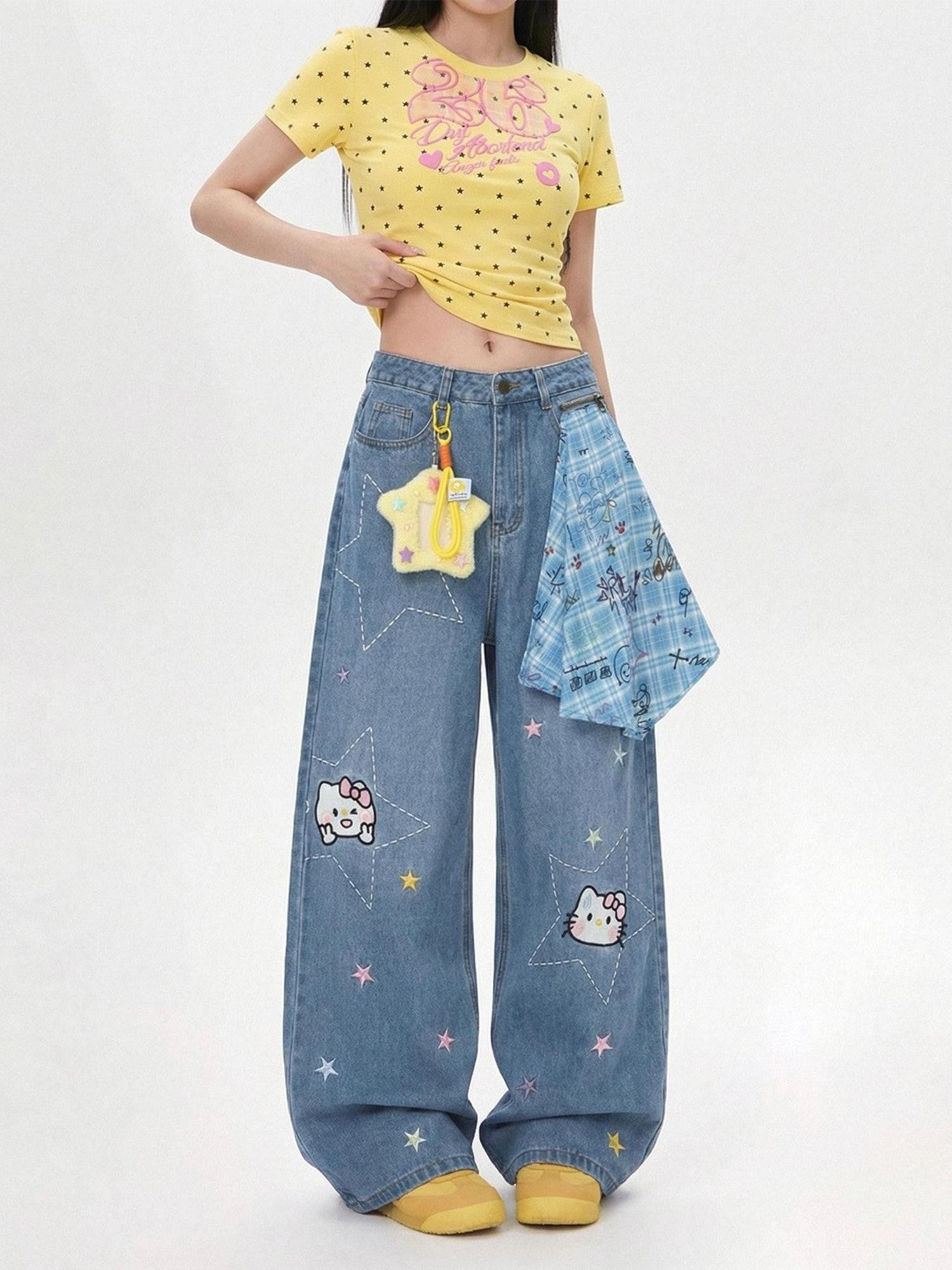 LaceBravo Americana Star And Kitten Embroidery Bandana Women's Denim Wide-leg Jeans