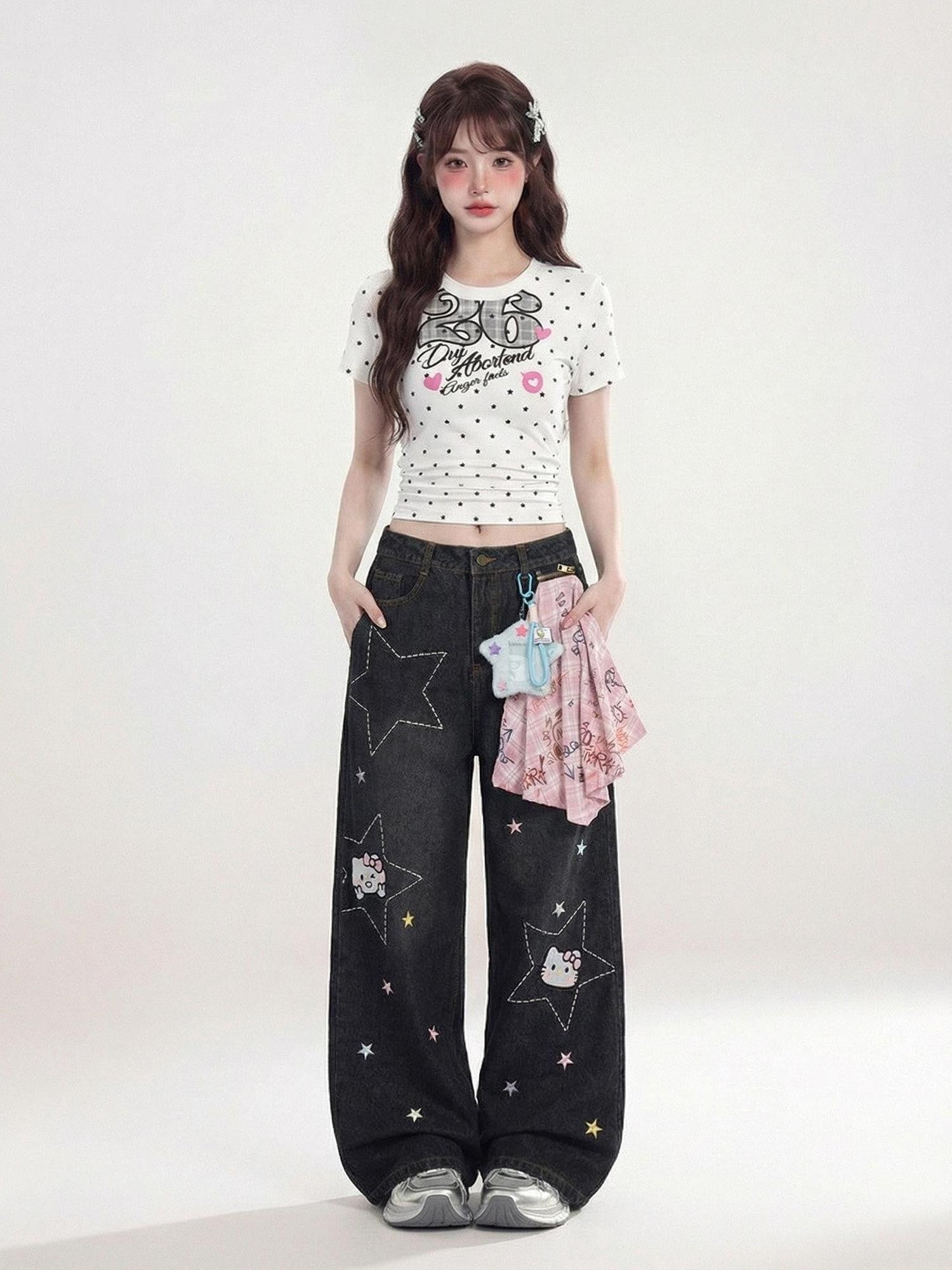 LaceBravo Americana Star And Kitten Embroidery Bandana Women's Denim Wide-leg Jeans