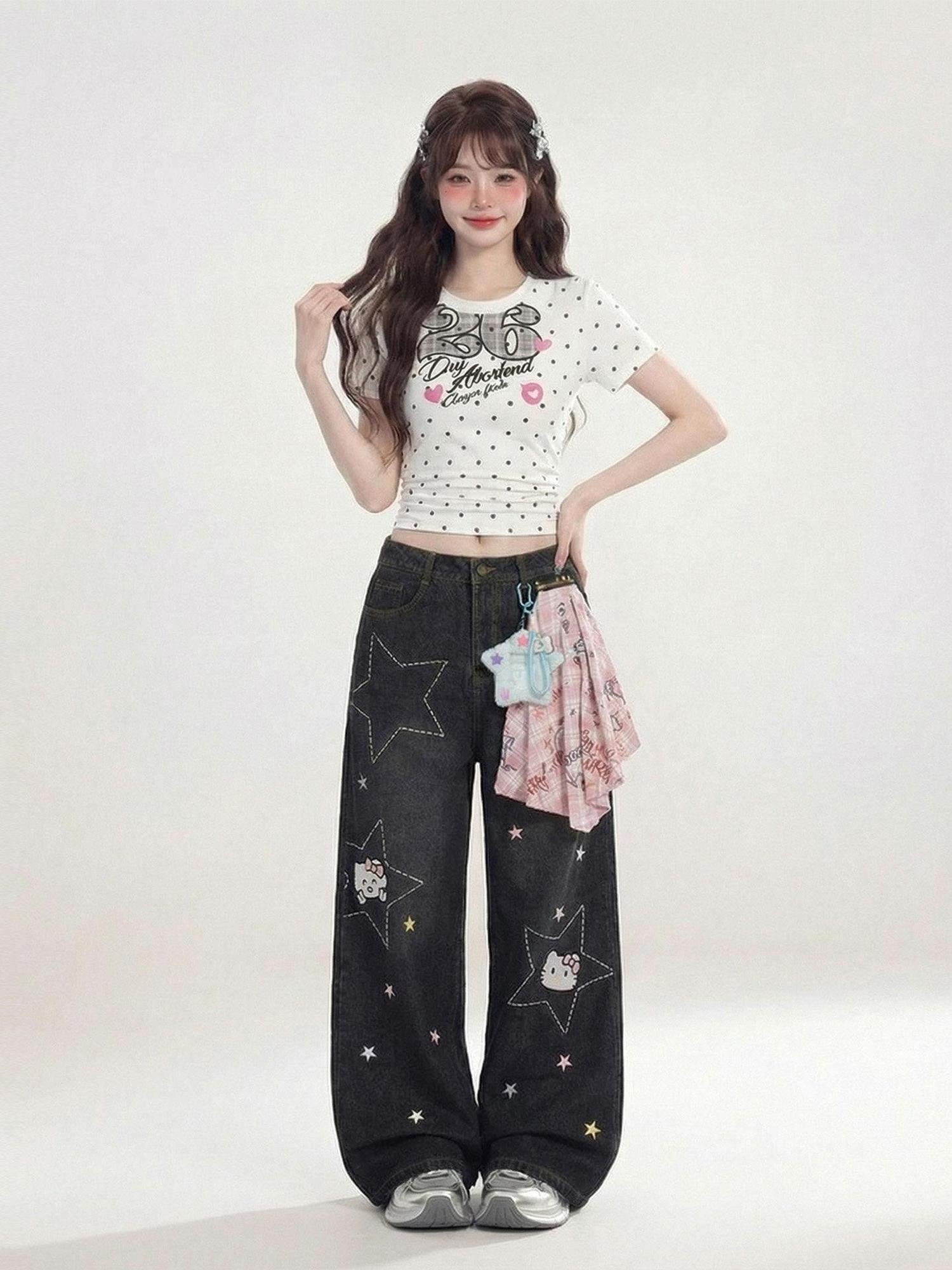 LaceBravo Americana Star And Kitten Embroidery Bandana Women's Denim Wide-leg Jeans