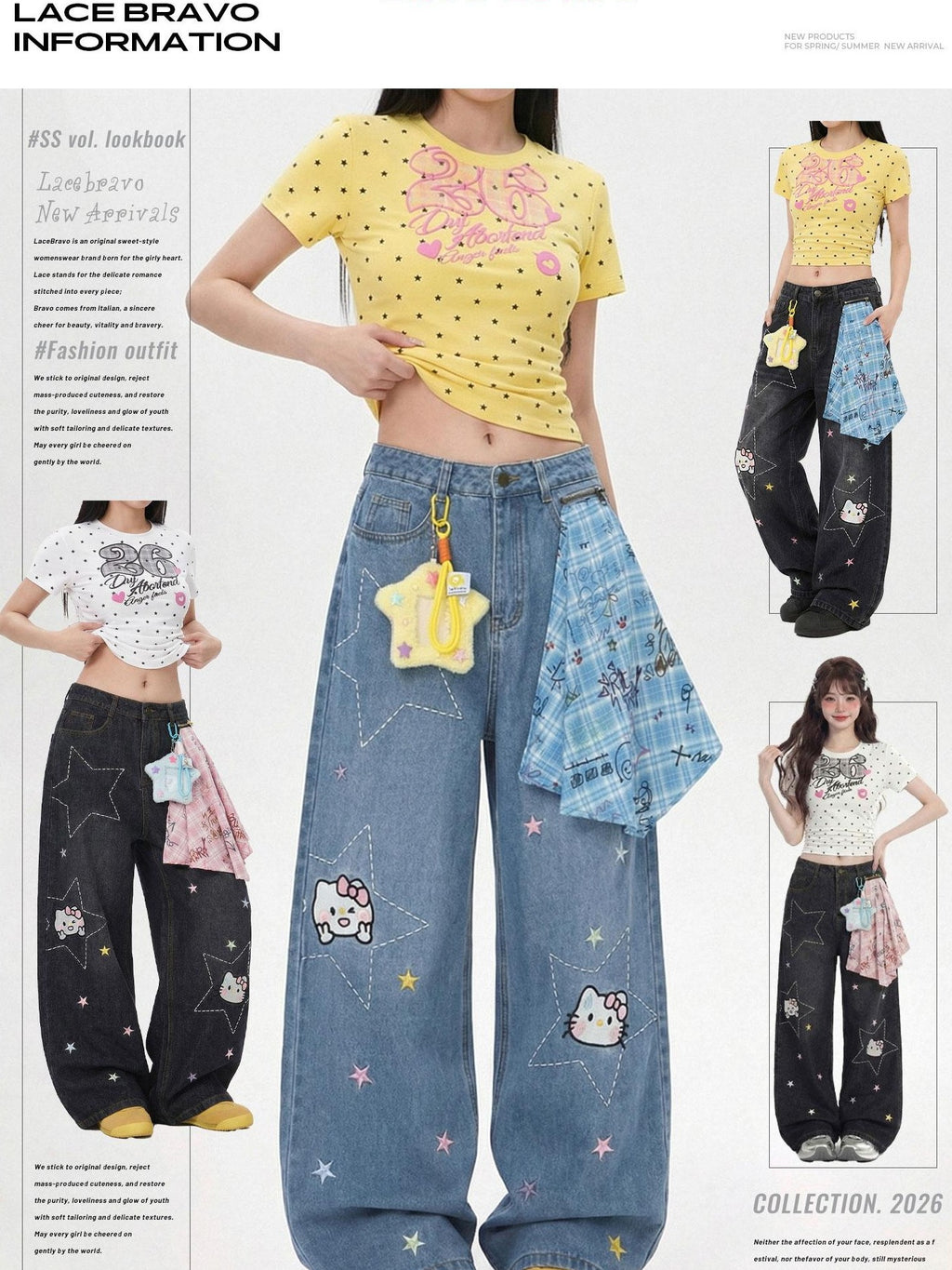 LaceBravo Americana Star And Kitten Embroidery Bandana Women's Denim Wide-leg Jeans