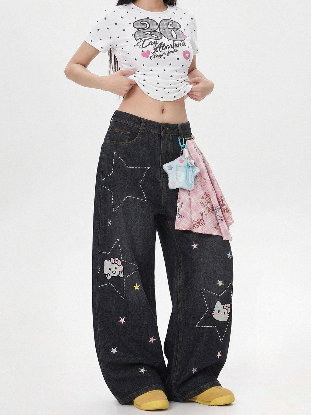 LaceBravo Americana Star And Kitten Embroidery Bandana Women's Denim Wide-leg Jeans
