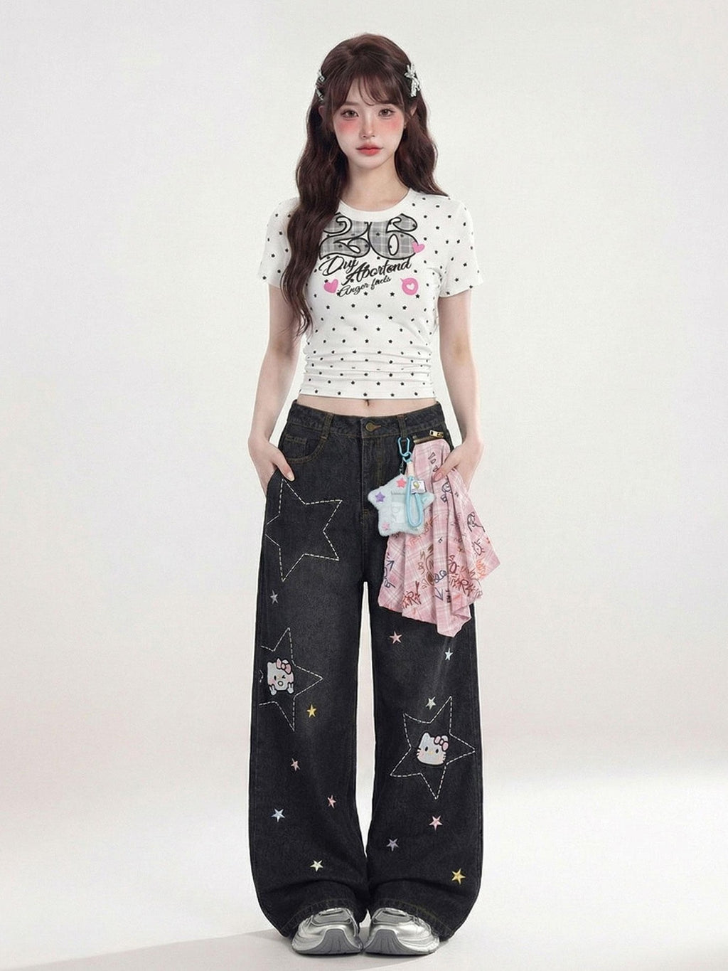 LaceBravo Americana Star And Kitten Embroidery Bandana Women's Denim Wide-leg Jeans