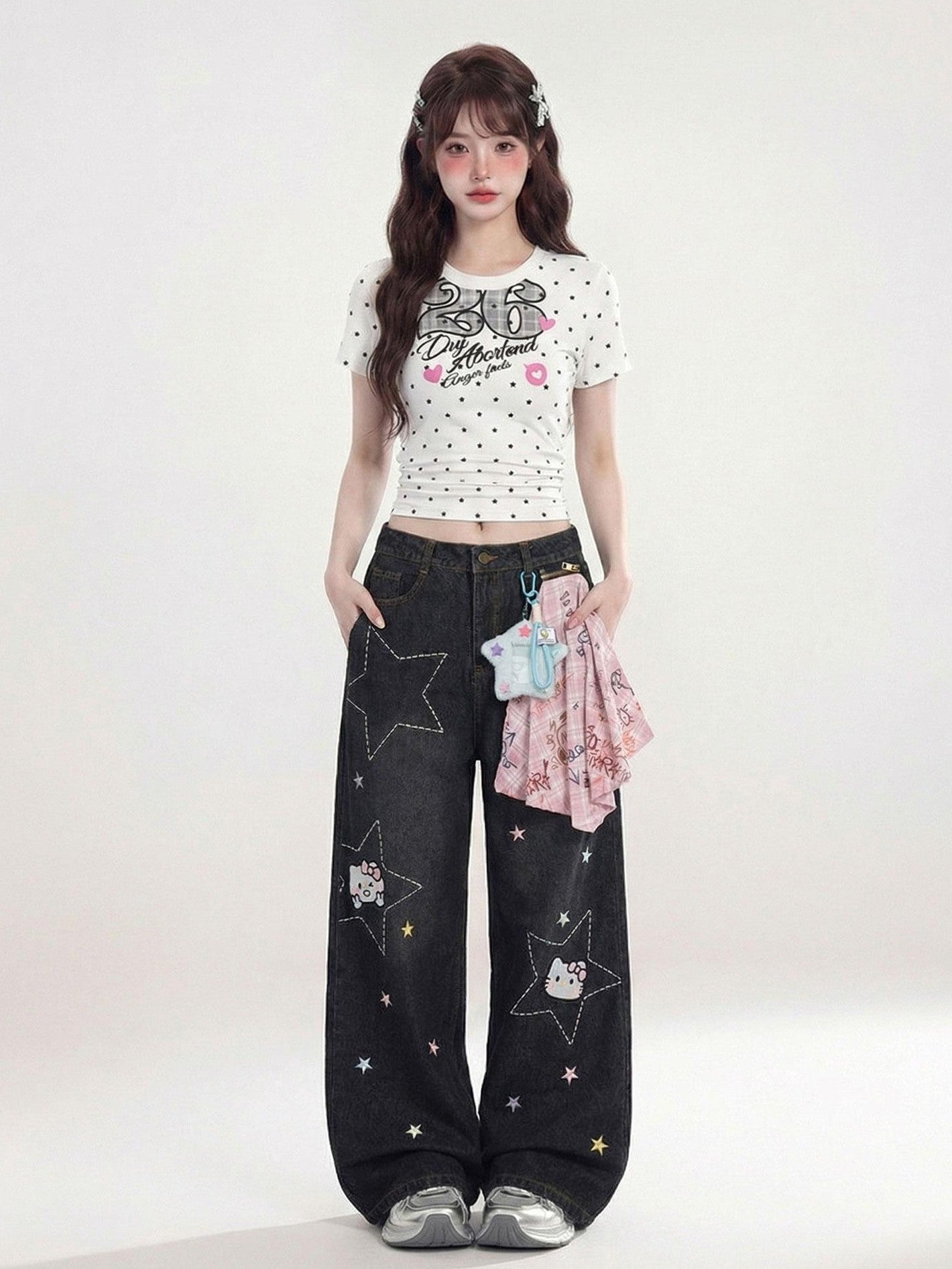LaceBravo Americana Star And Kitten Embroidery Bandana Women's Denim Wide-leg Jeans