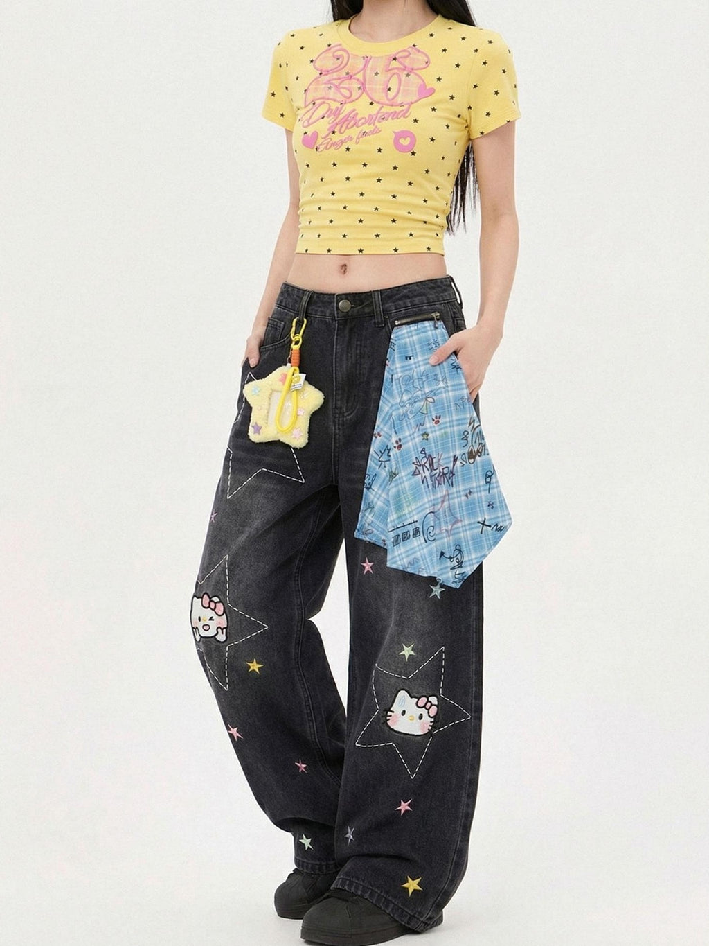 LaceBravo Americana Star And Kitten Embroidery Bandana Women's Denim Wide-leg Jeans