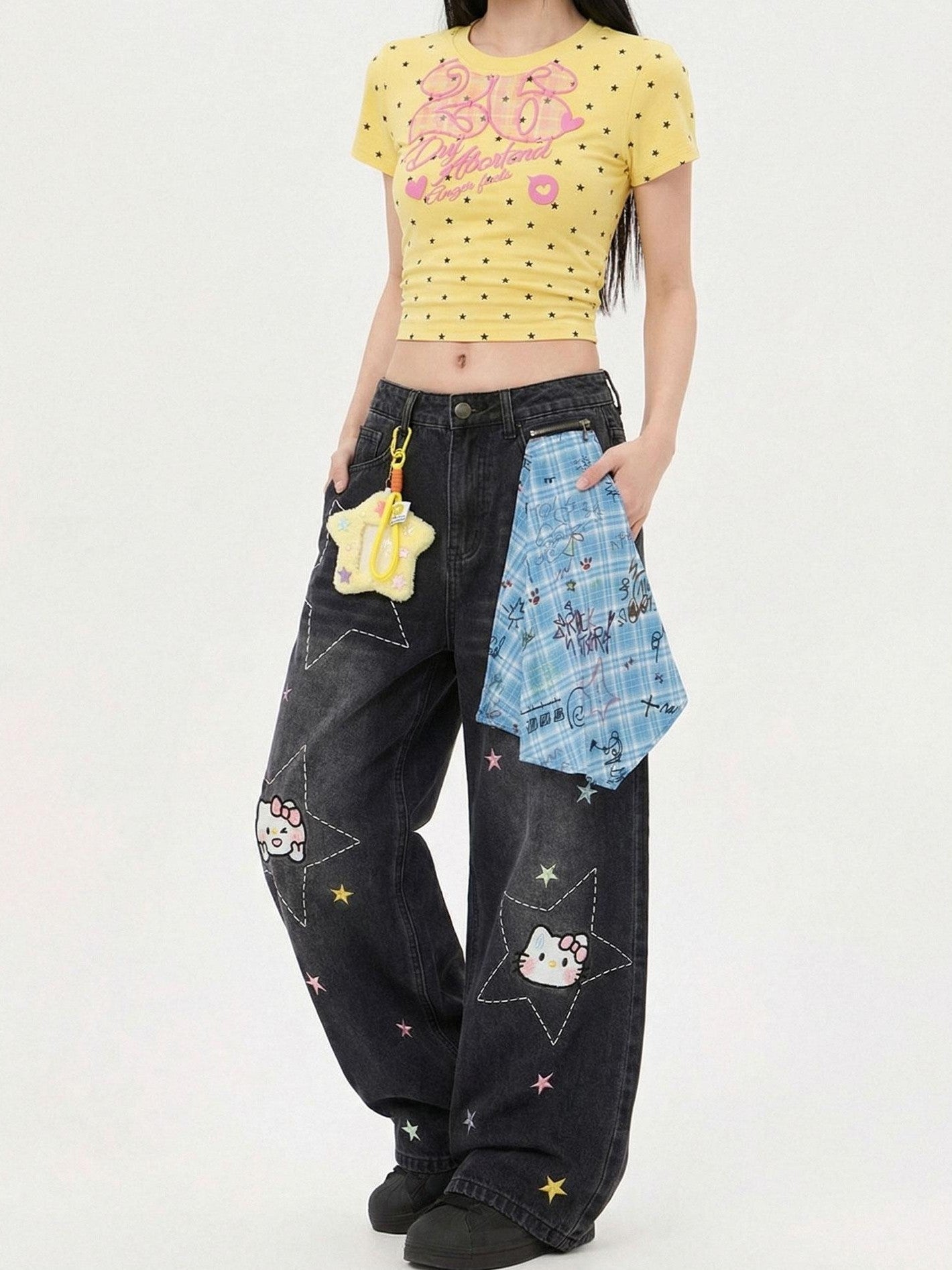 LaceBravo Americana Star And Kitten Embroidery Bandana Women's Denim Wide-leg Jeans