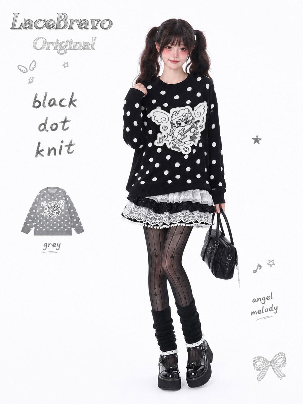 LaceBravo Angel Applique Polka Dot Soft Loose Fit Women's Knit Sweaters
