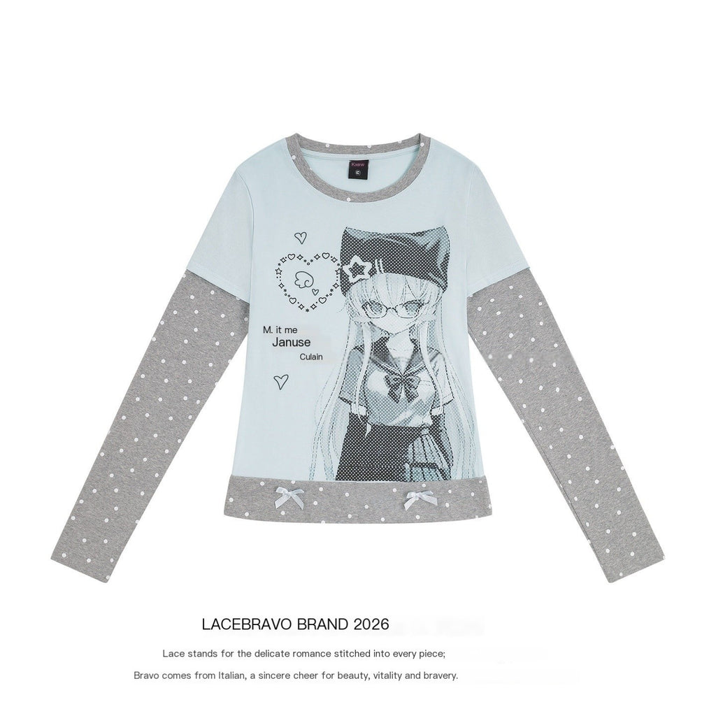 LaceBravo_Anime_Print_Polka_Dot_Faux_Two_Piece_Slim_Women's_Long_Sleeve_T-shirts_1078180676824_MISSTT