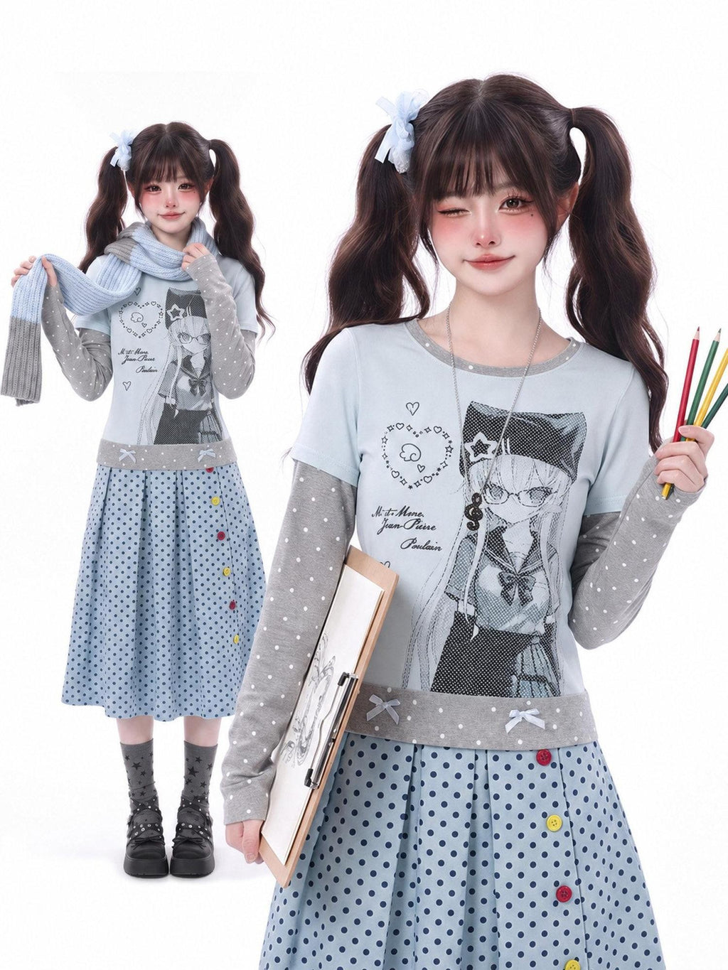 LaceBravo Anime Print Polka Dot Faux Two Piece Slim Women's Long Sleeve T-shirts