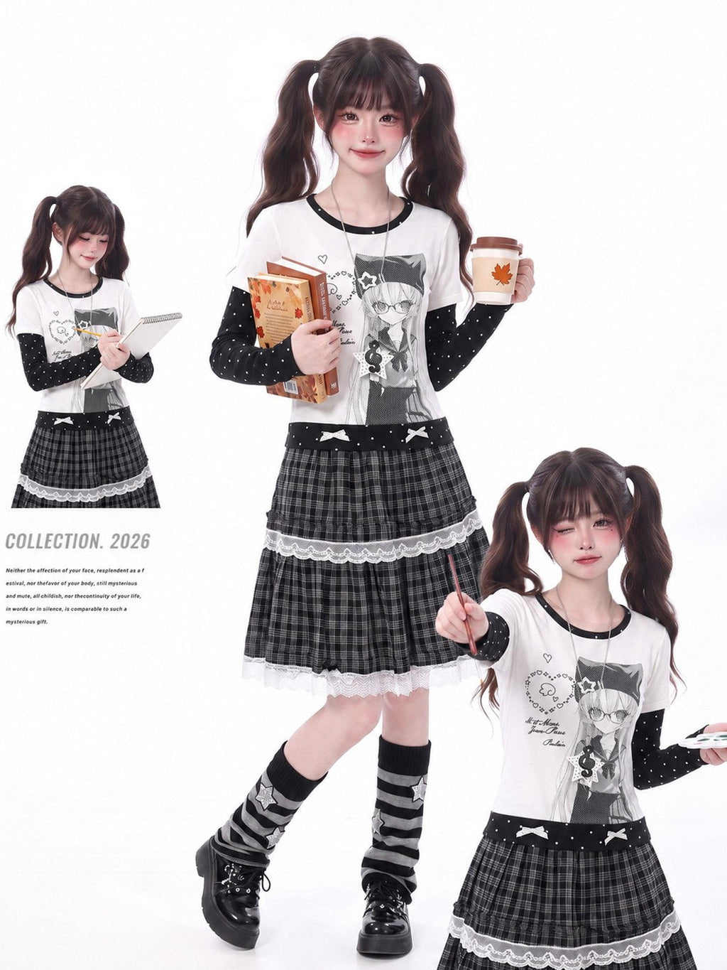 LaceBravo Anime Print Polka Dot Faux Two Piece Slim Women's Long Sleeve T-shirts