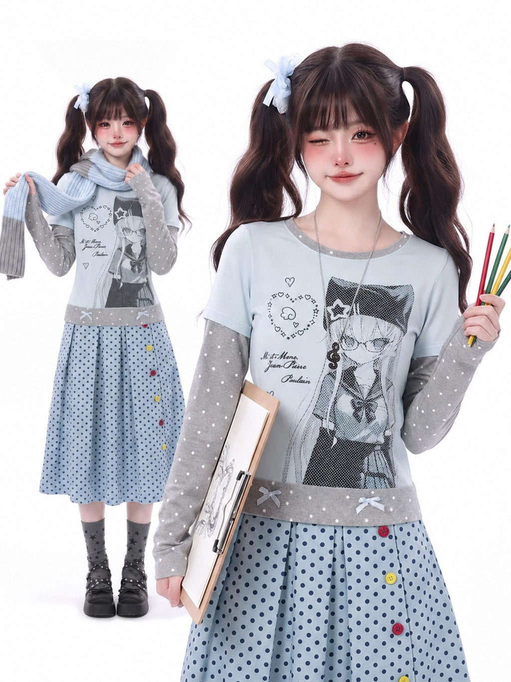 LaceBravo Anime Print Polka Dot Faux Two Piece Slim Women's Long Sleeve T-shirts