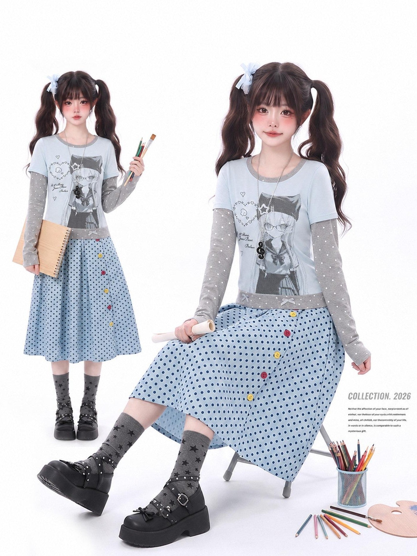 LaceBravo Anime Print Polka Dot Faux Two Piece Slim Women's Long Sleeve T-shirts
