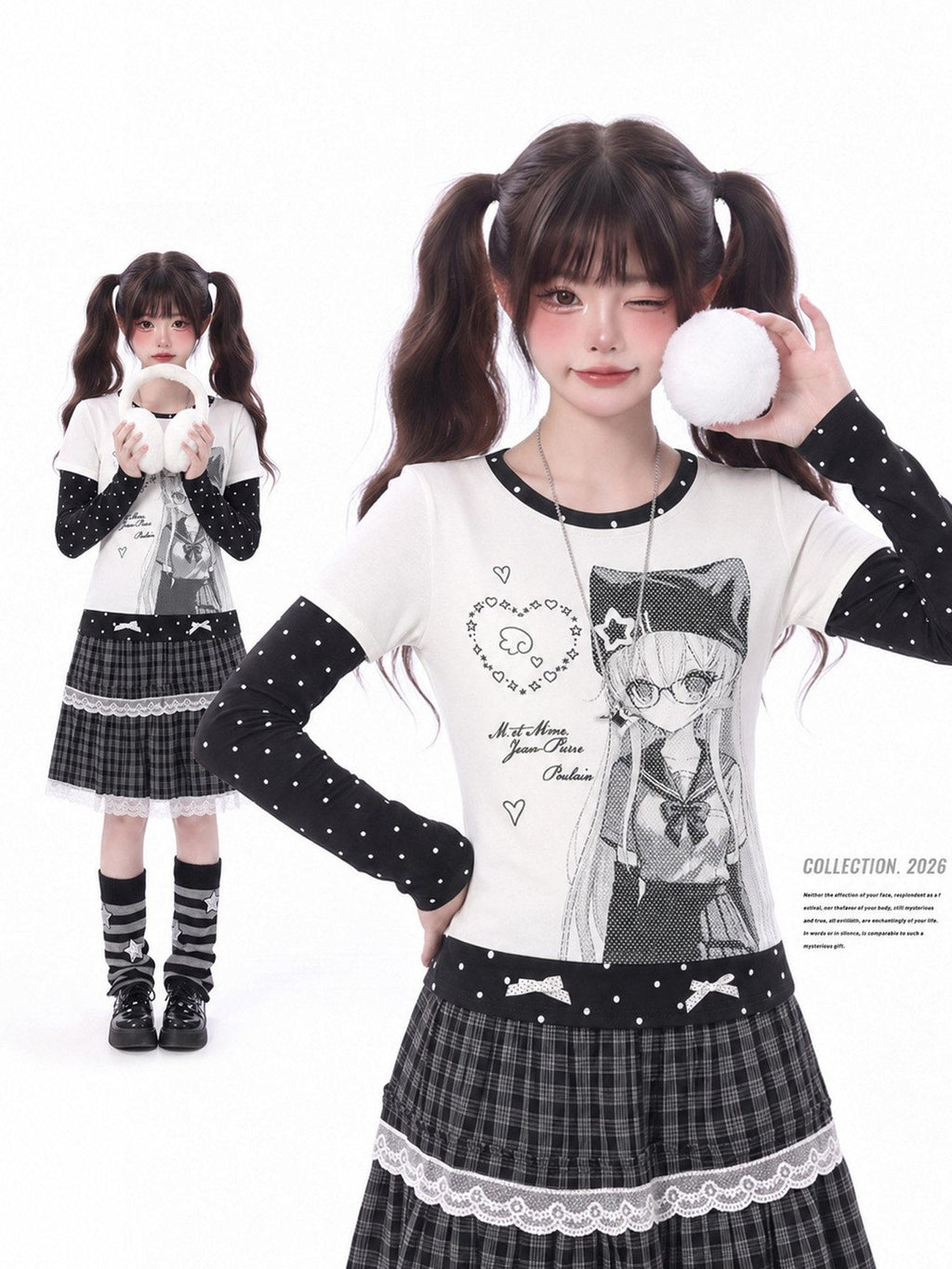 LaceBravo Anime Print Polka Dot Faux Two Piece Slim Women's Long Sleeve T-shirts