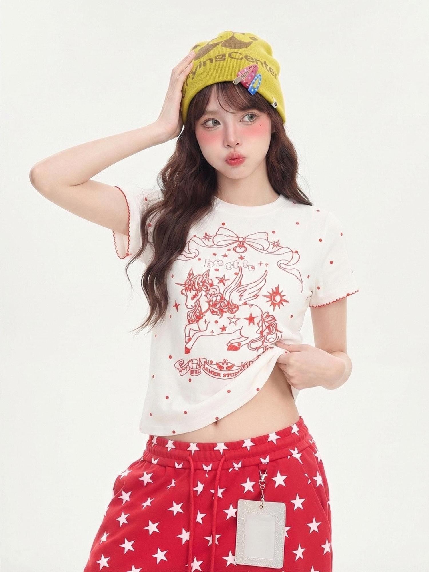 LaceBravo Anime Unicorn Print Round Neck Short Sleeve Women's Slim T-shirts