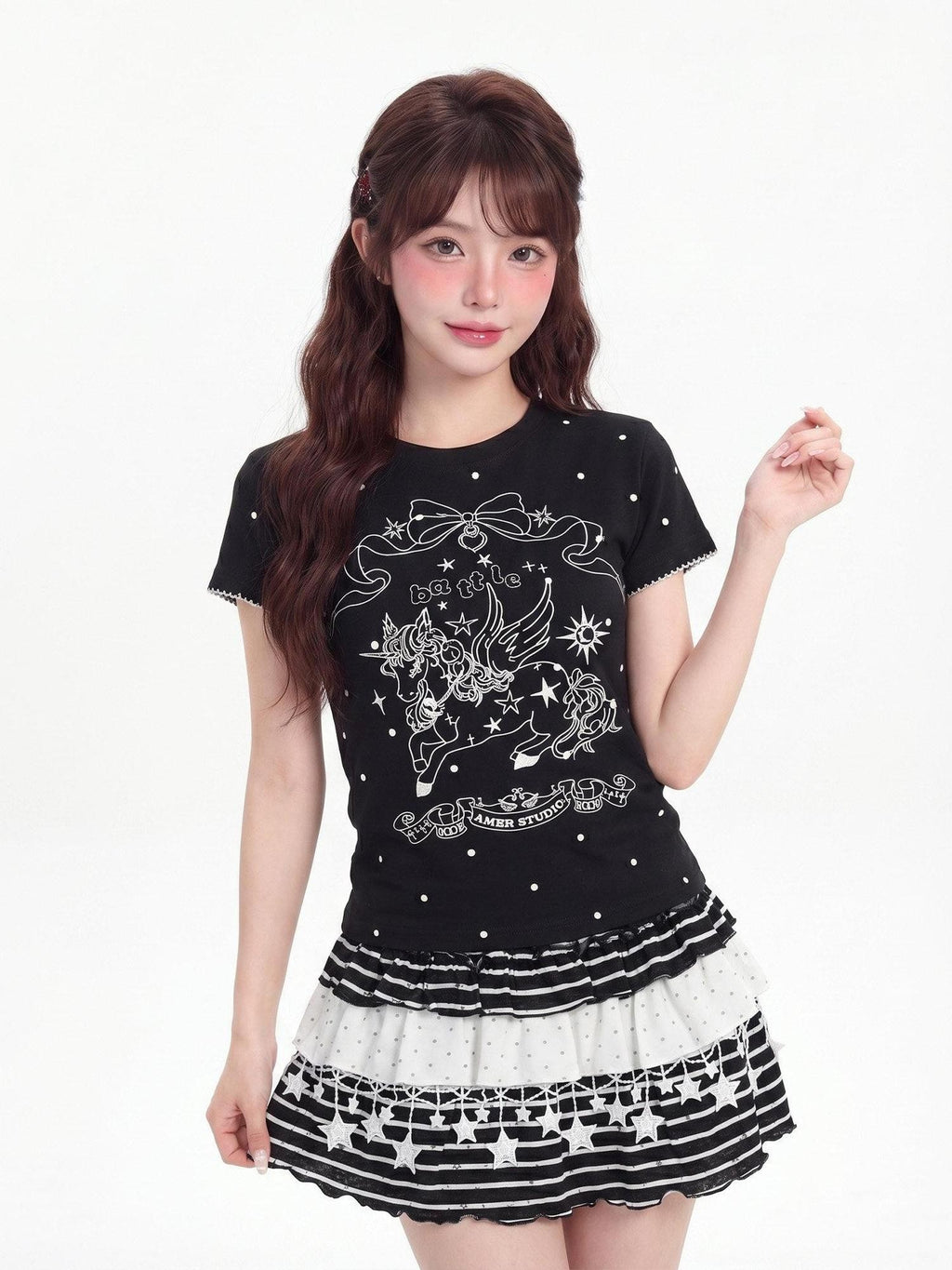 LaceBravo Anime Unicorn Print Round Neck Short Sleeve Women's Slim T-shirts