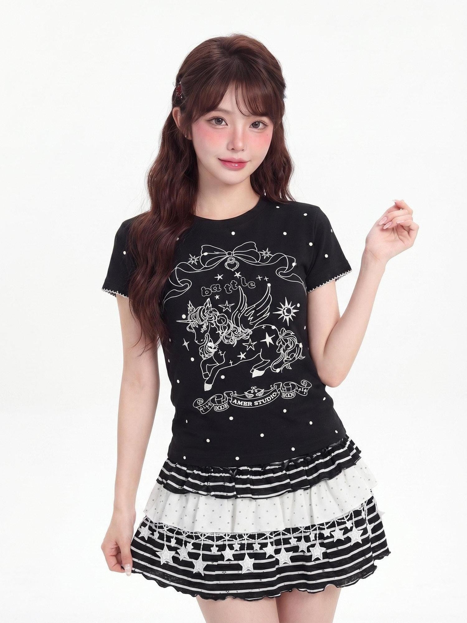 LaceBravo Anime Unicorn Print Round Neck Short Sleeve Women's Slim T-shirts