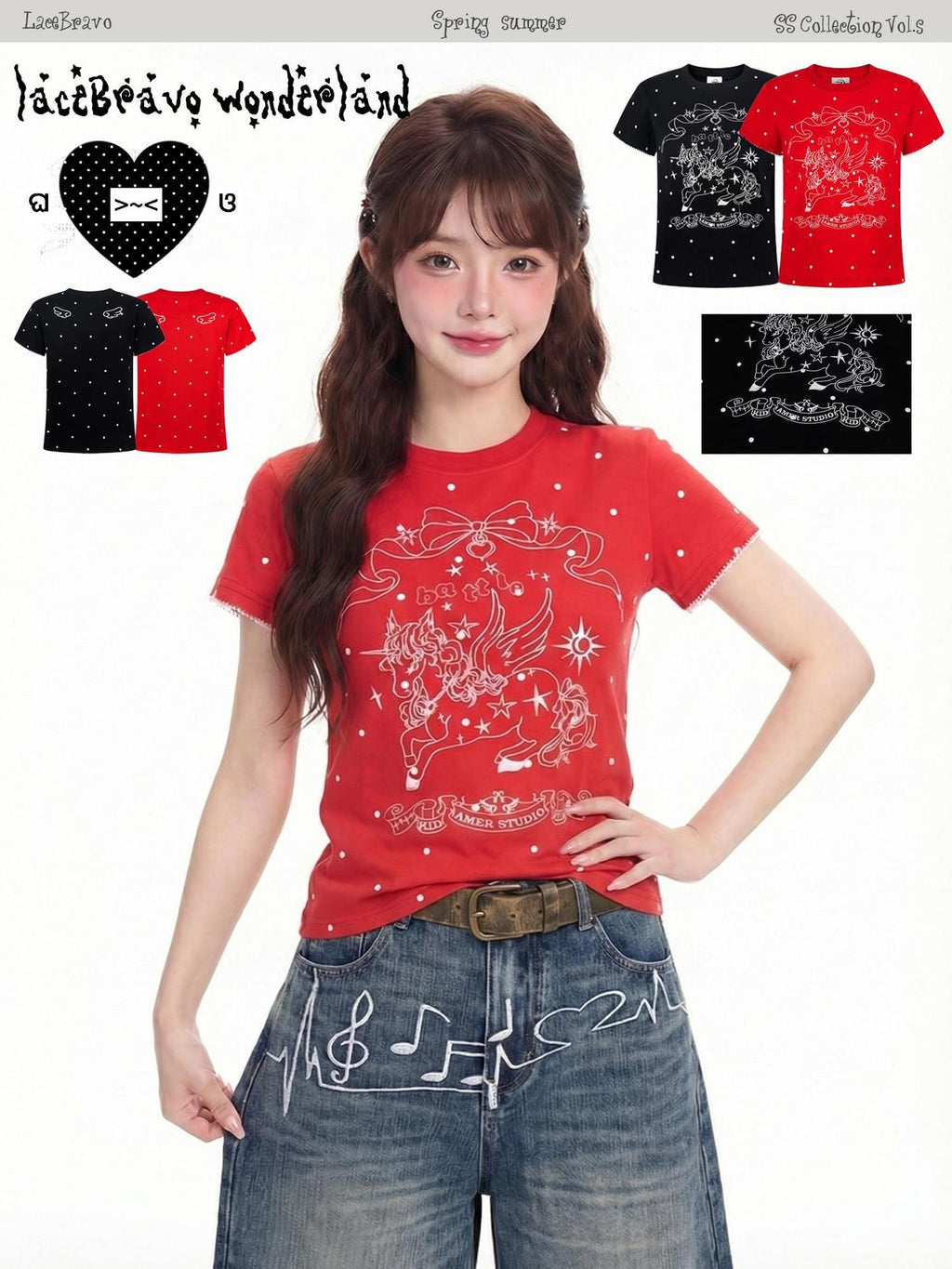 LaceBravo Anime Unicorn Print Round Neck Short Sleeve Women's Slim T-shirts