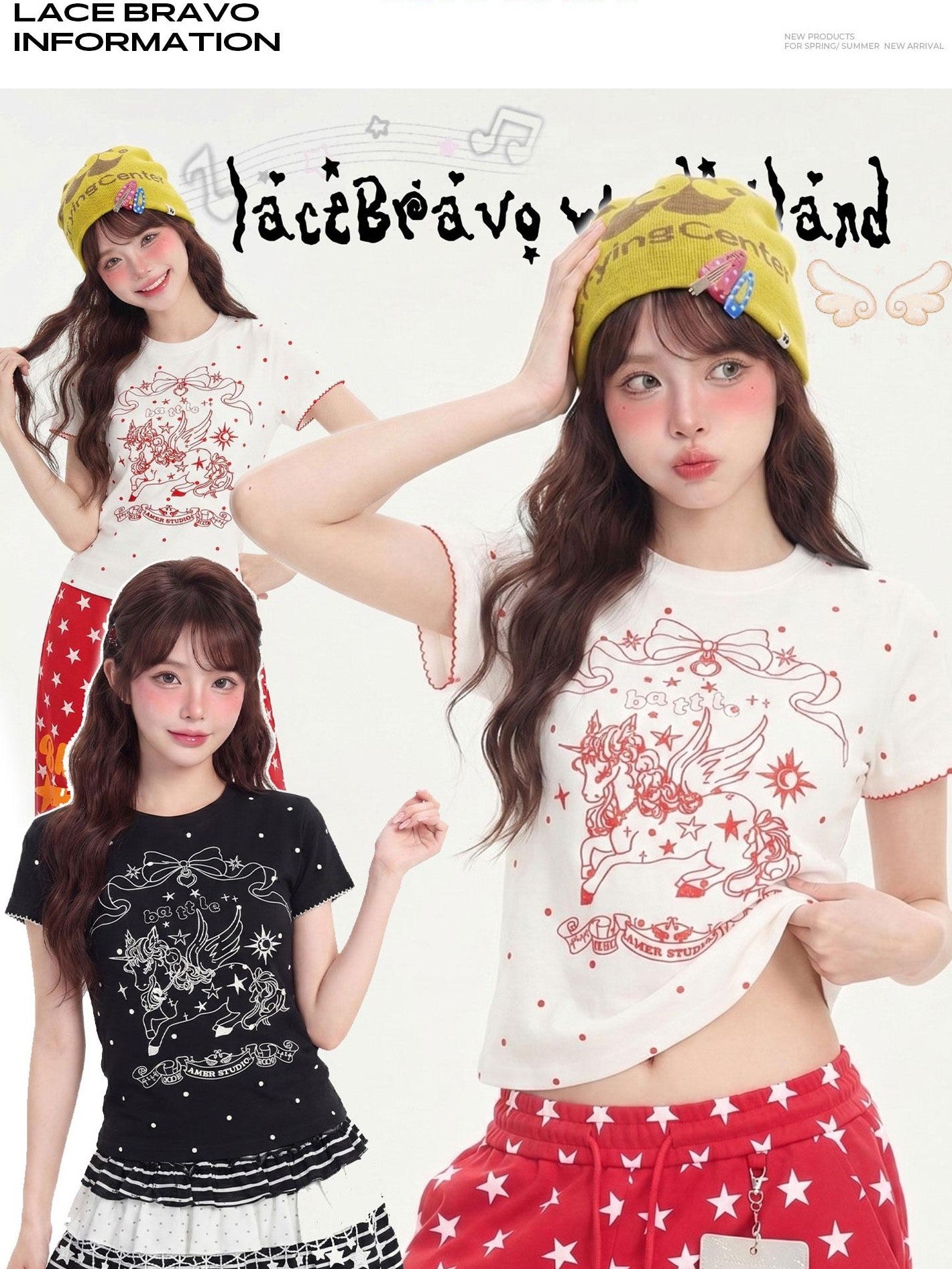 LaceBravo Anime Unicorn Print Round Neck Short Sleeve Women's Slim T-shirts