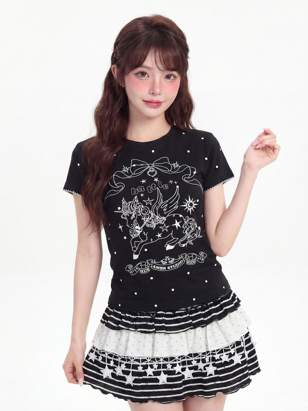 LaceBravo Anime Unicorn Print Round Neck Short Sleeve Women's Slim T-shirts