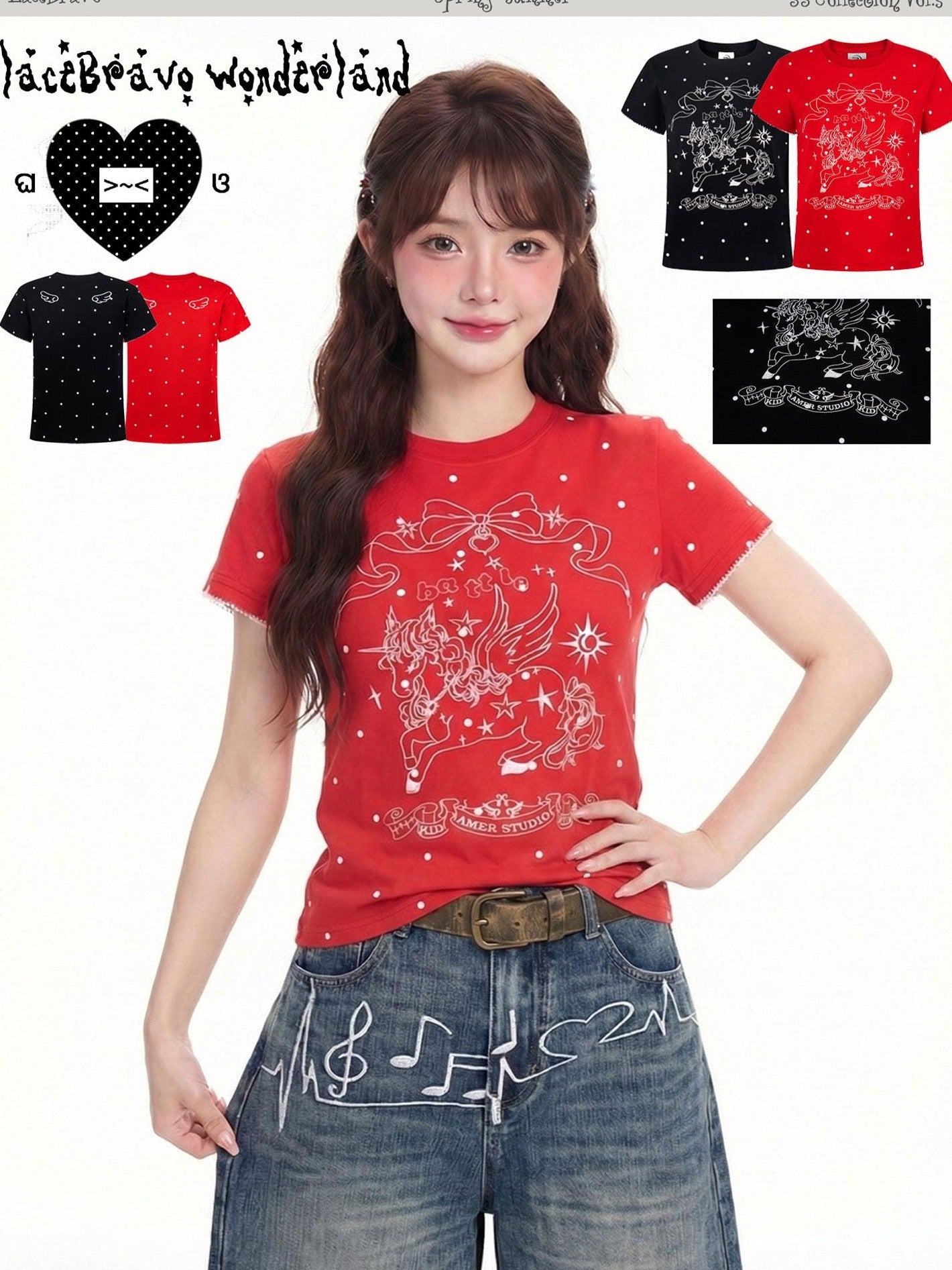 LaceBravo Anime Unicorn Print Round Neck Short Sleeve Women's Slim T-shirts