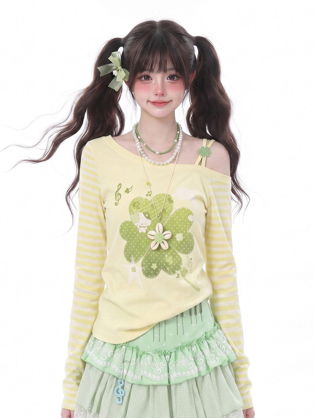 LaceBravo Asymmetric Shoulder Retro Striped Clover Print Women's Long Sleeve T-shirts