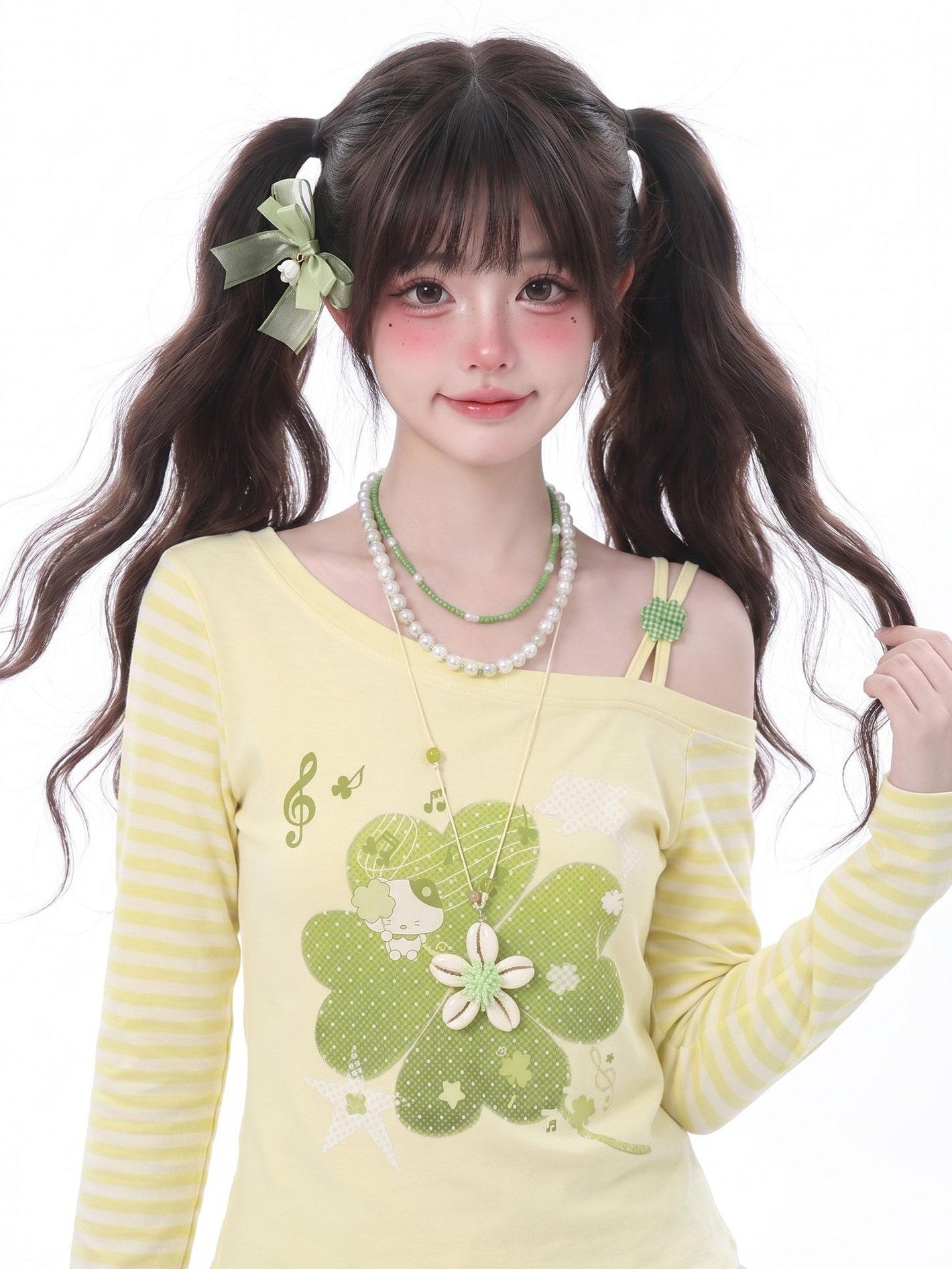 LaceBravo Asymmetric Shoulder Retro Striped Clover Print Women's Long Sleeve T-shirts