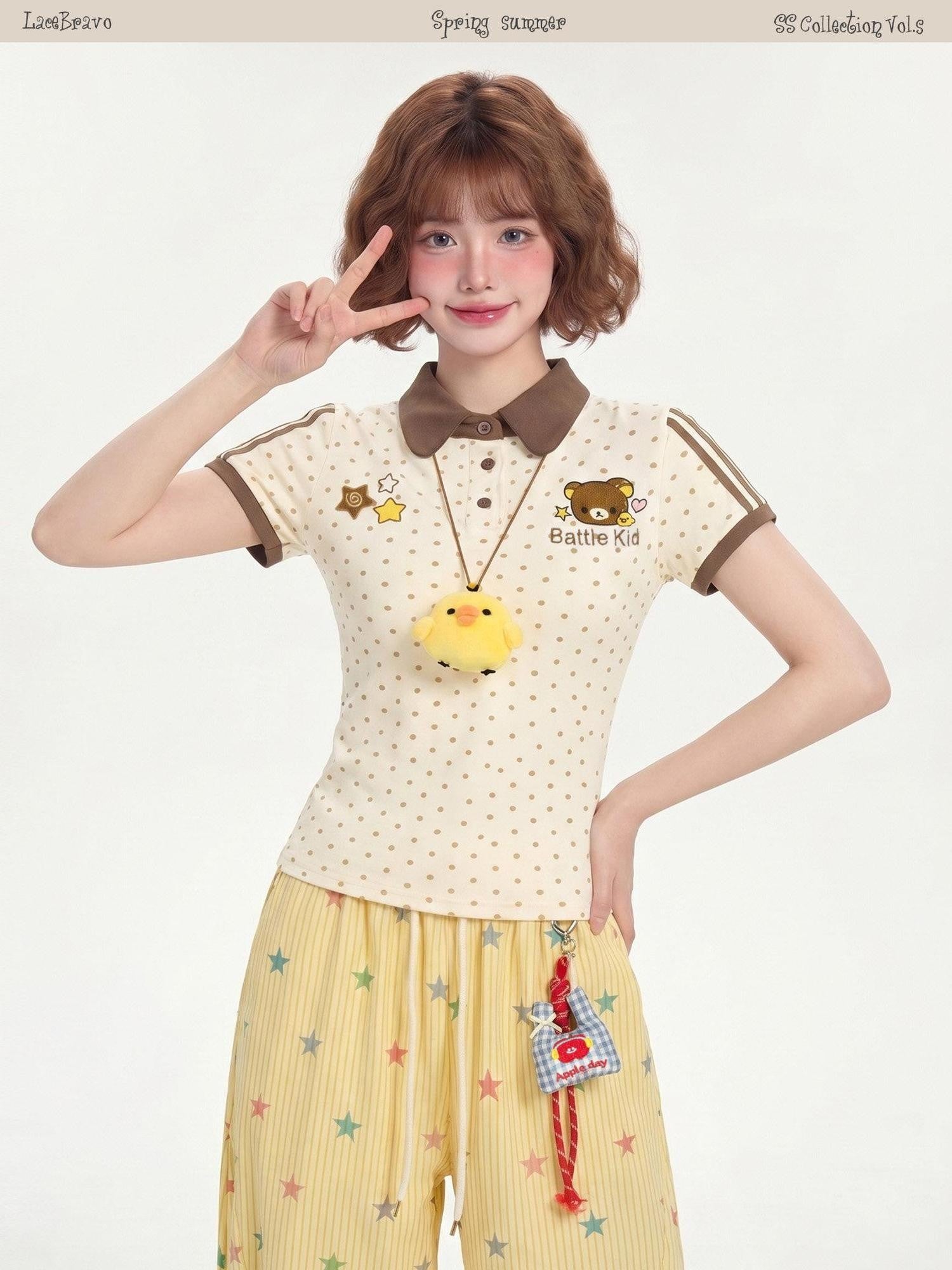 LaceBravo Bear Cartoon Contrast Polo Collar Slim Fit Women's Short Sleeve T-shirts