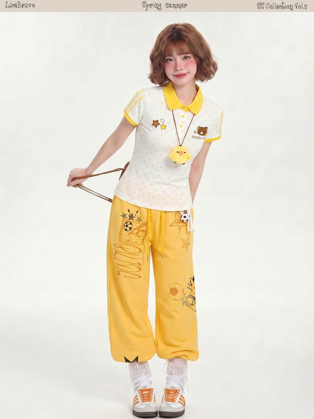 LaceBravo Bear Cartoon Contrast Polo Collar Slim Fit Women's Short Sleeve T-shirts