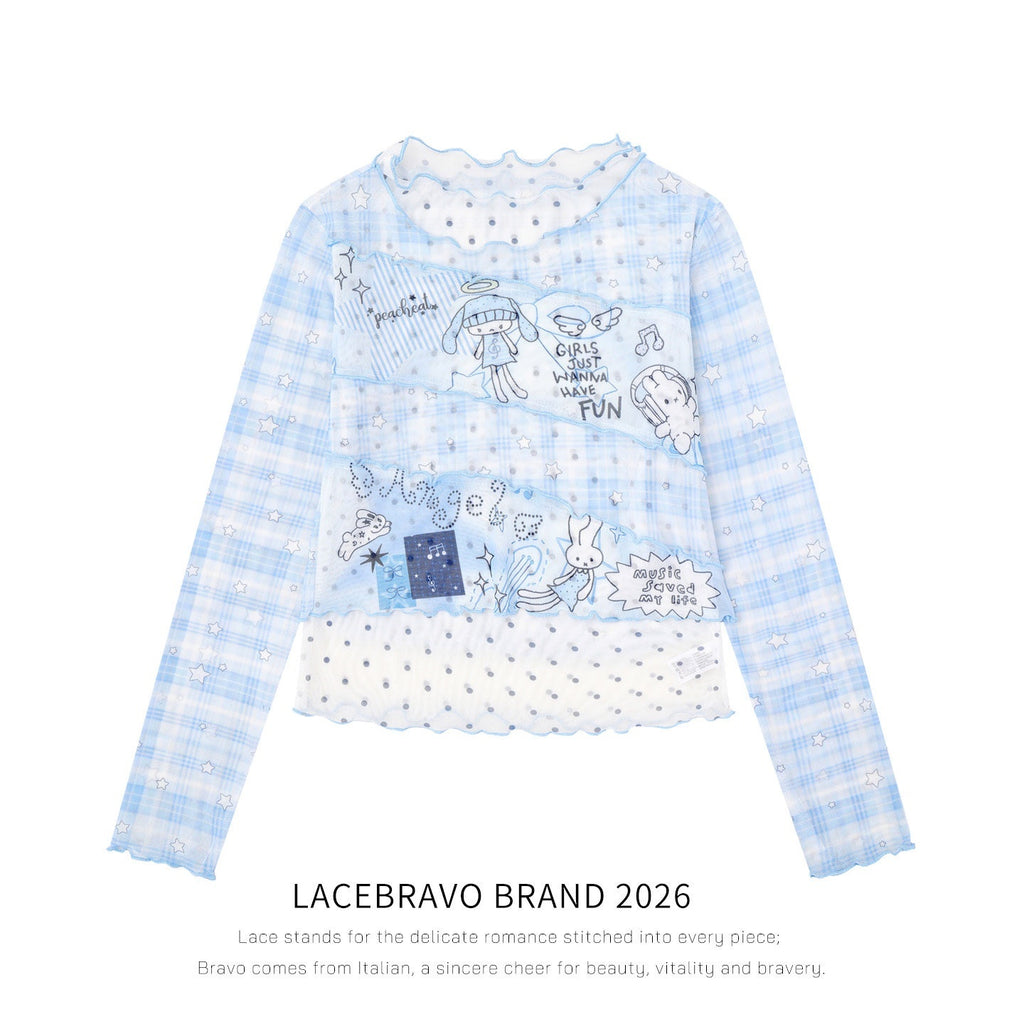 LaceBravo_Blue_Plaid_Cartoon_Print_Slim_Fit_Women's_Sheer_Mesh_Long_Sleeve_T-shirts_1076450420668_MISSTT
