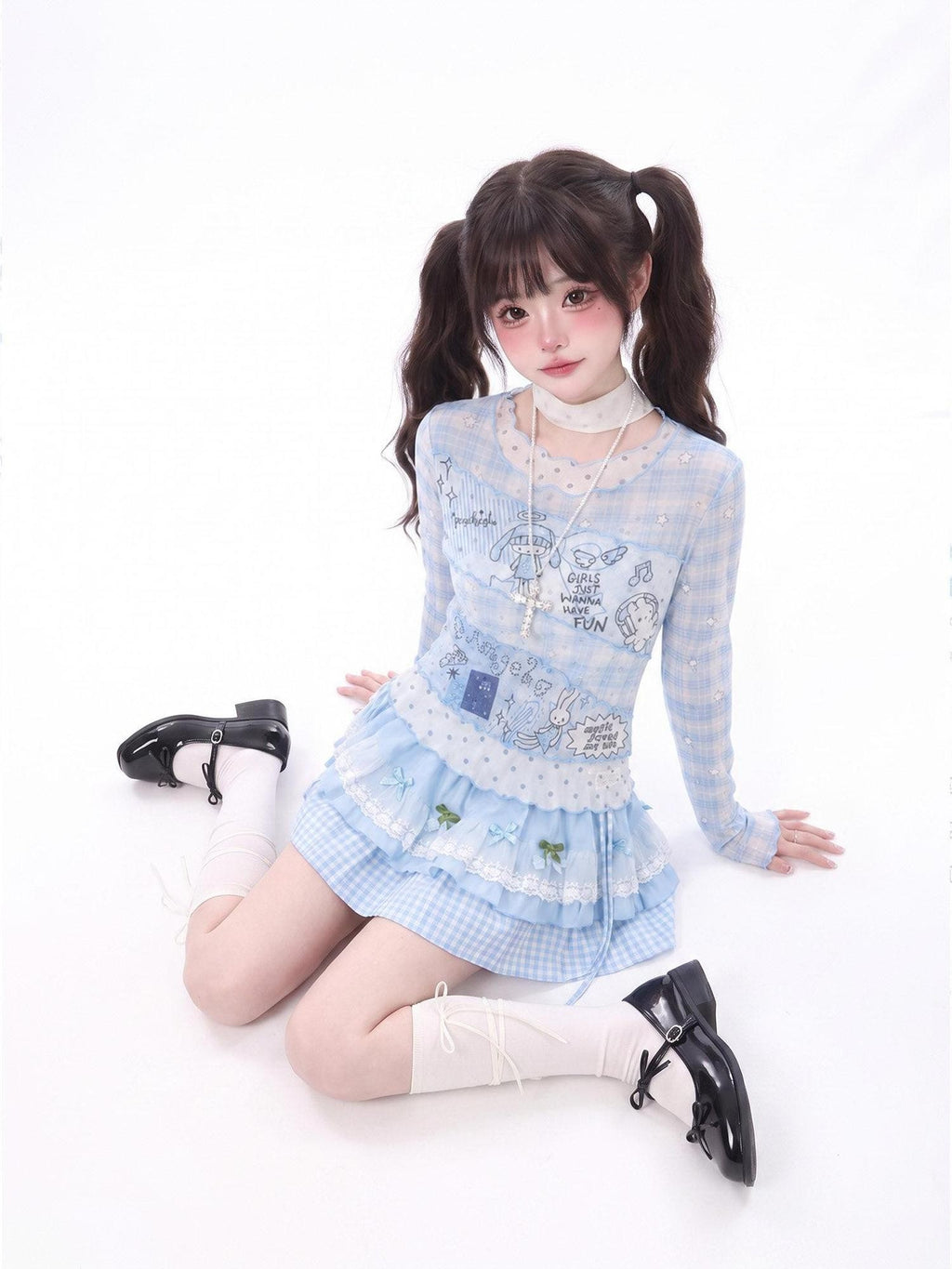 LaceBravo Blue Plaid Cartoon Print Slim Fit Women's Sheer Mesh Long Sleeve T-shirts