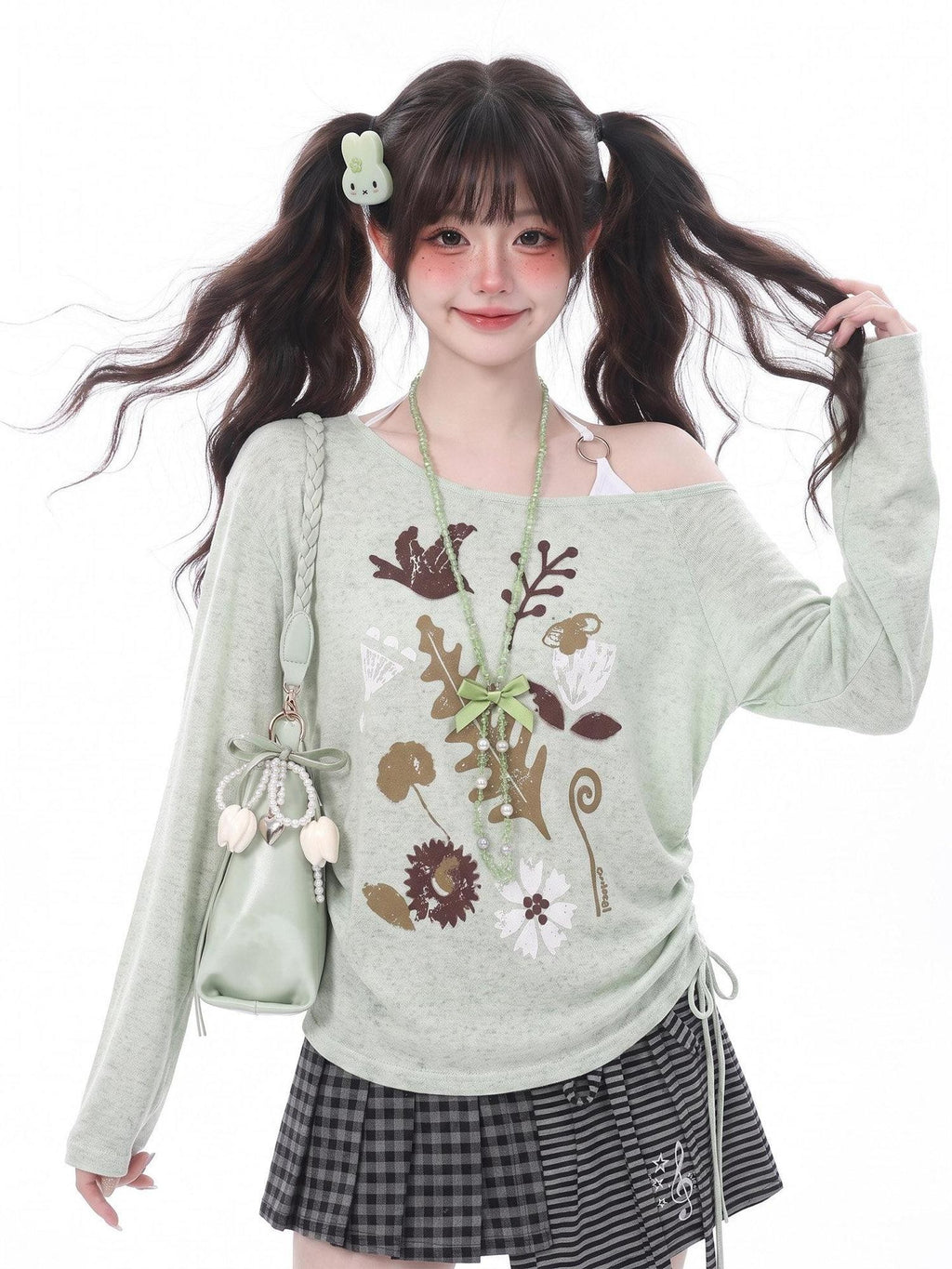 LaceBravo Boho Vintage Floral Bird Print Asymmetric Women's Long Sleeve T-shirts