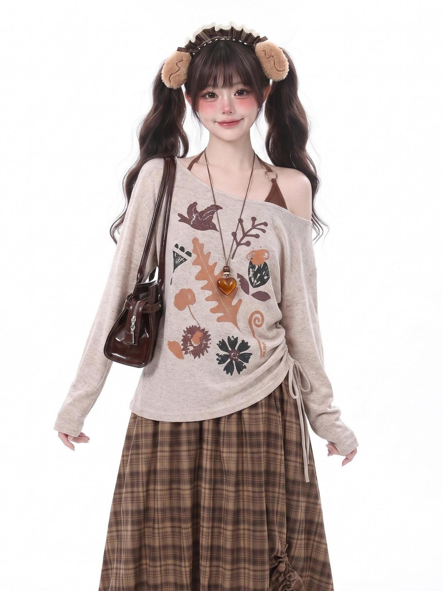 LaceBravo Boho Vintage Floral Bird Print Asymmetric Women's Long Sleeve T-shirts