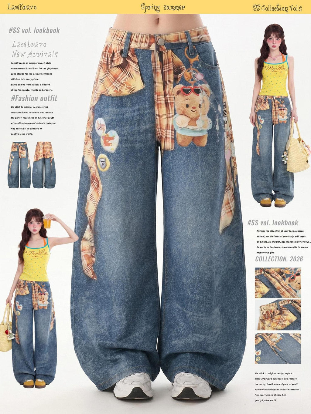 LaceBravo Cartoon Allover Bear Print Loose Women's Denim Wide-leg Jeans