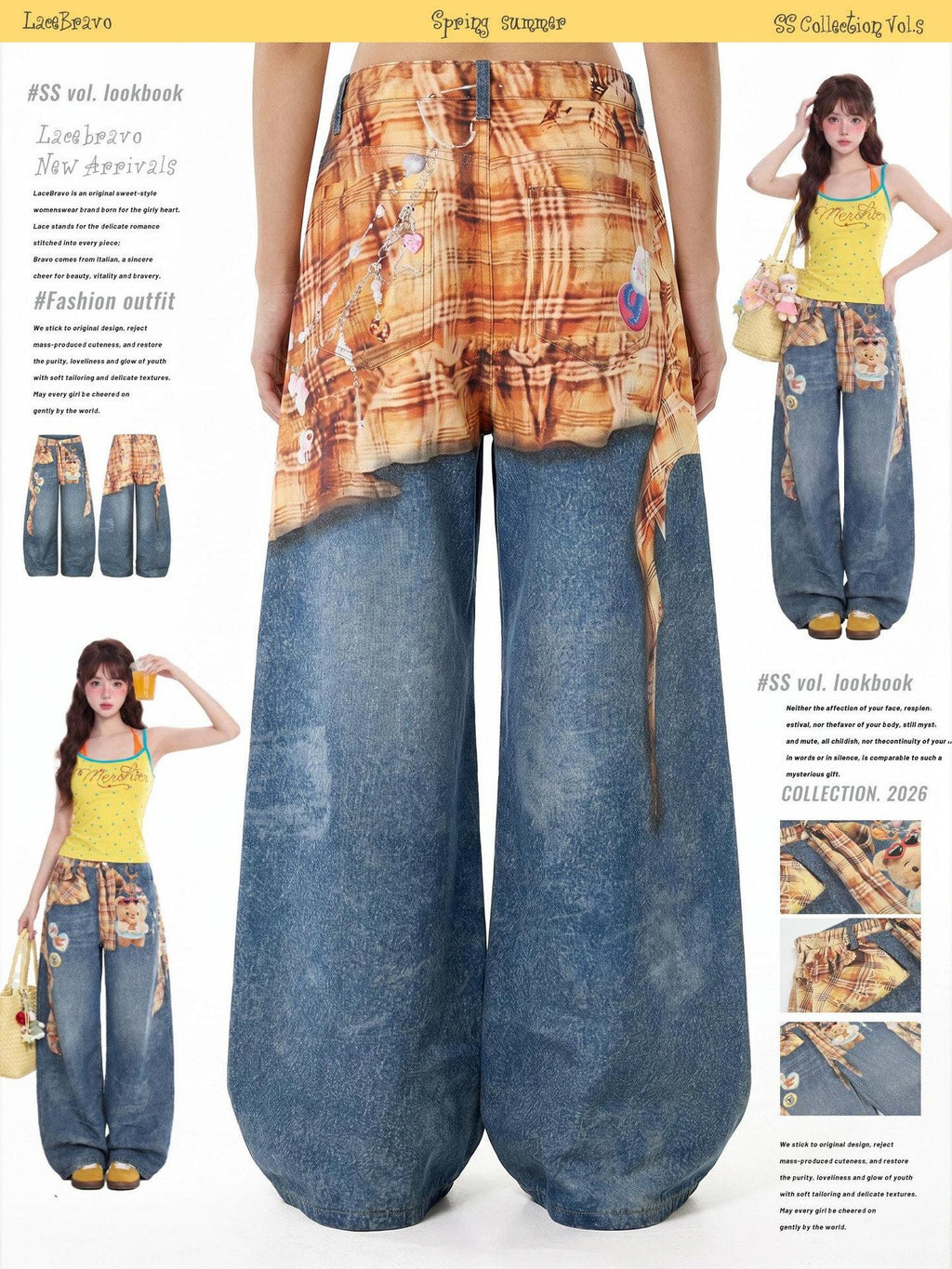 LaceBravo Cartoon Allover Bear Print Loose Women's Denim Wide-leg Jeans