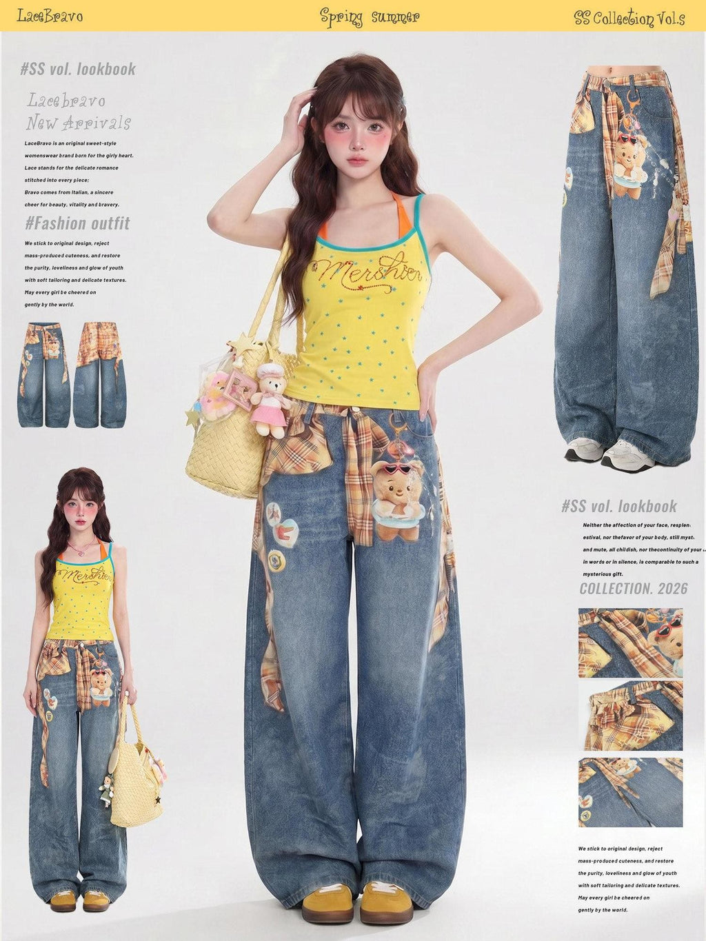 LaceBravo Cartoon Allover Bear Print Loose Women's Denim Wide-leg Jeans