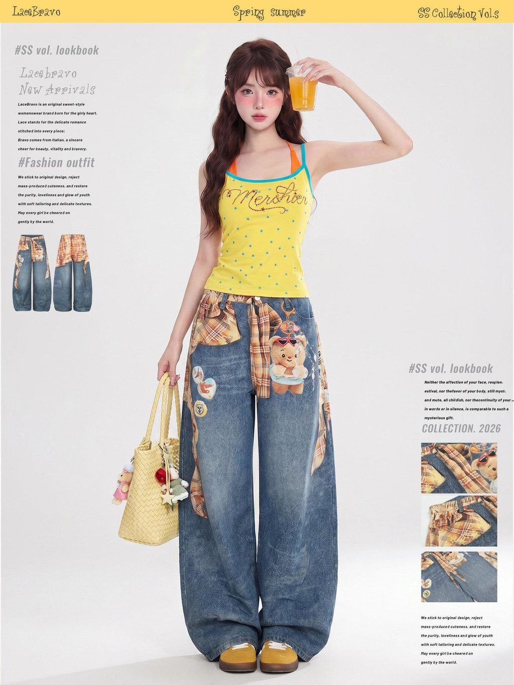 LaceBravo Cartoon Allover Bear Print Loose Women's Denim Wide-leg Jeans