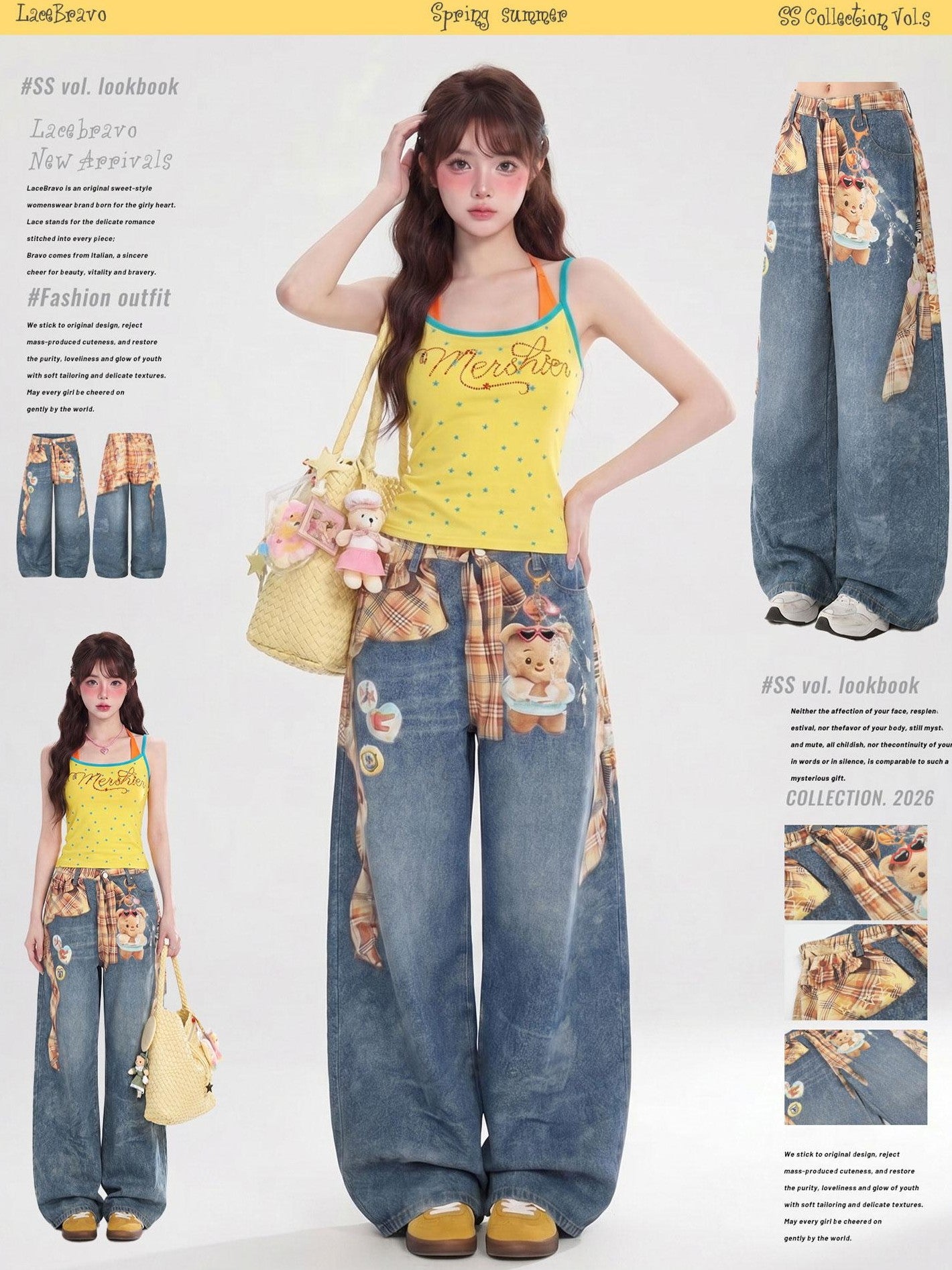 LaceBravo Cartoon Allover Bear Print Loose Women's Denim Wide-leg Jeans
